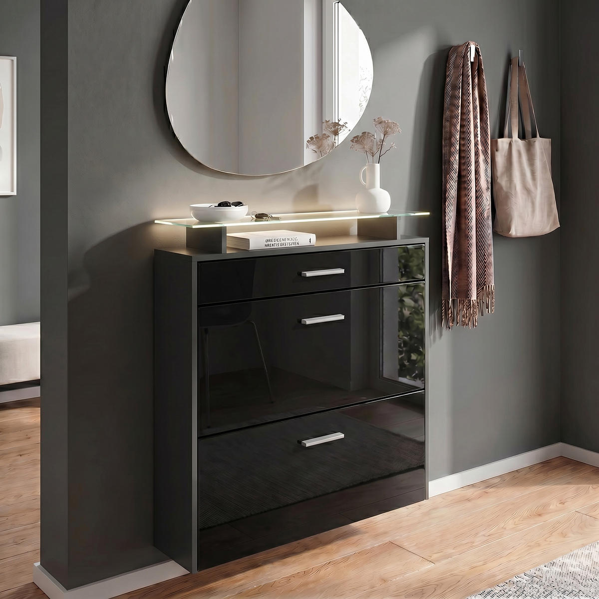 SCHUHSCHRANK Malea Fronten in Schwarz Hochglanz - Schwarz Hochglanz, Holzwerkstoff (89/96/23cm) - Vladon