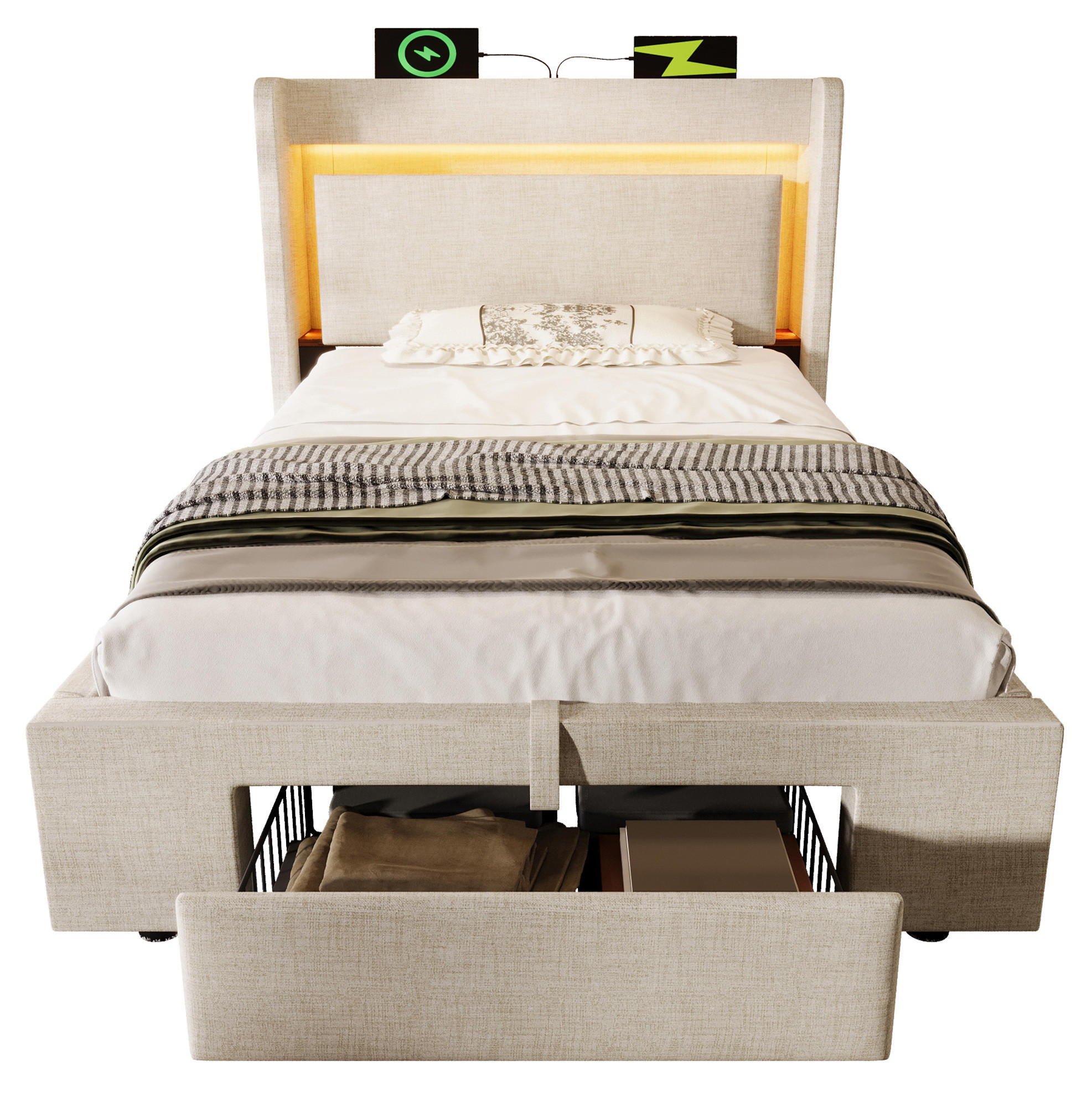 POLSTERBETT 90/200 cm mit LED, USB- und USB-C-Anschluss, hydraulischem Stauraum und Schublade und Matratze, Beige - Beige, Textil (90/200cm) - Redom