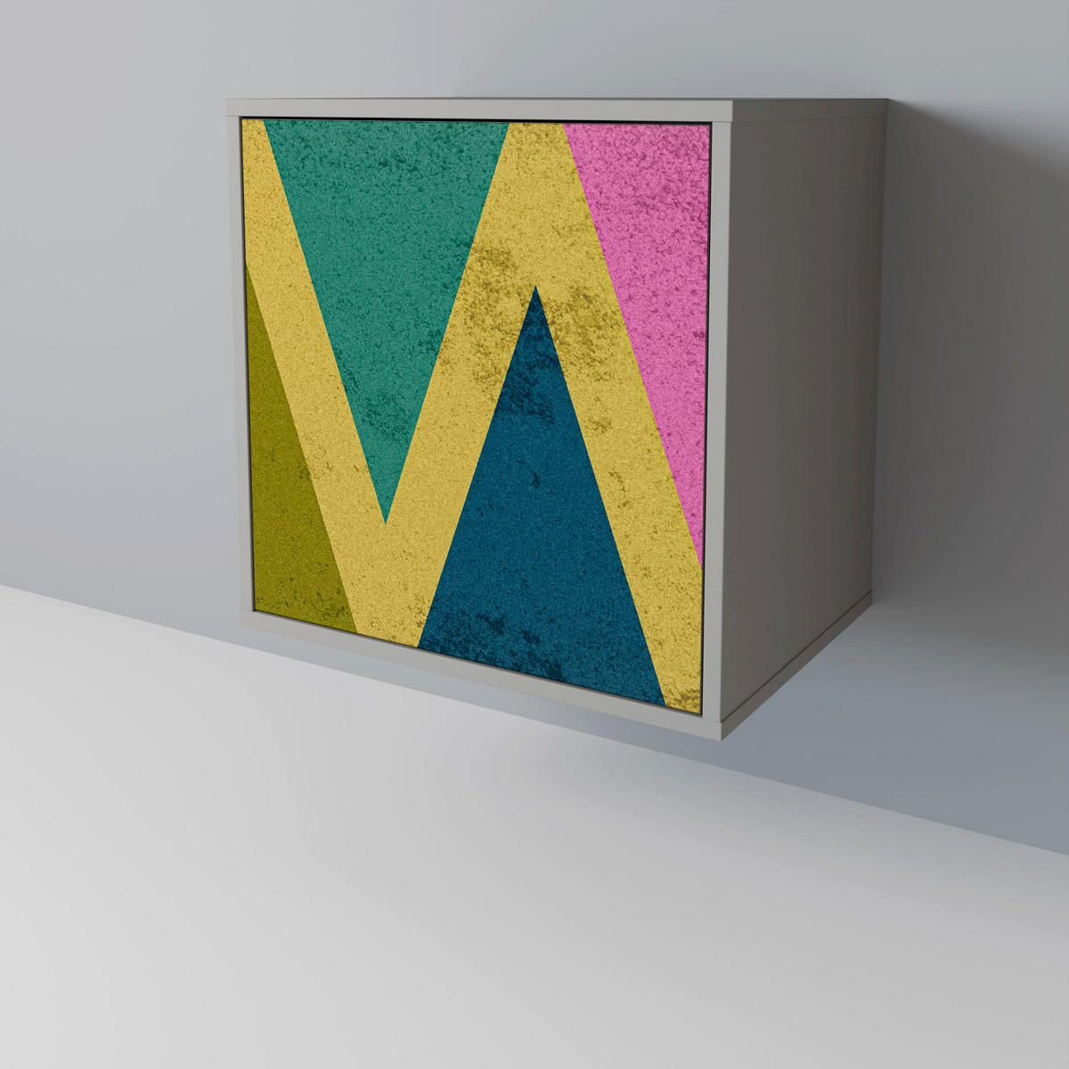 SIDEBOARD COLORFUL TRIANGLES, Grau, 57,5x42x75,5 cm, Goldfarbene Metallfüße - Goldfarben/Multicolor, Holzwerkstoff/Metall (57.5/75.5/42cm) - SpaceRebels