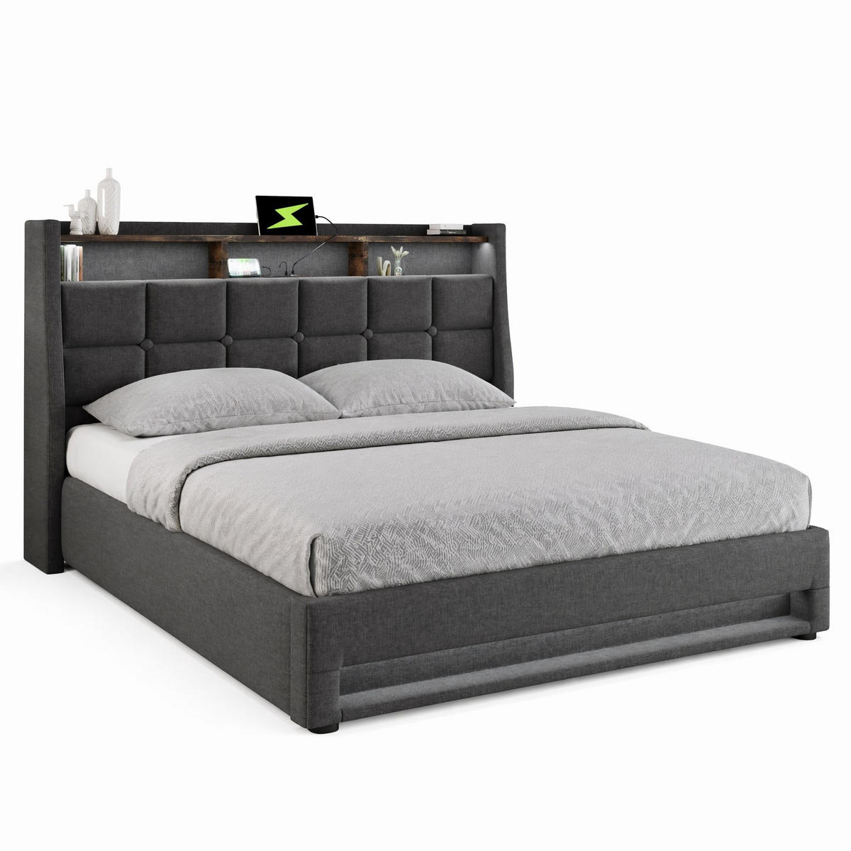POLSTERBETT 140/200 cm in Grau Leinen mit Bettkasten, LED und USB - Grau, Holzwerkstoff/Textil (140/200cm) - CHICFURN