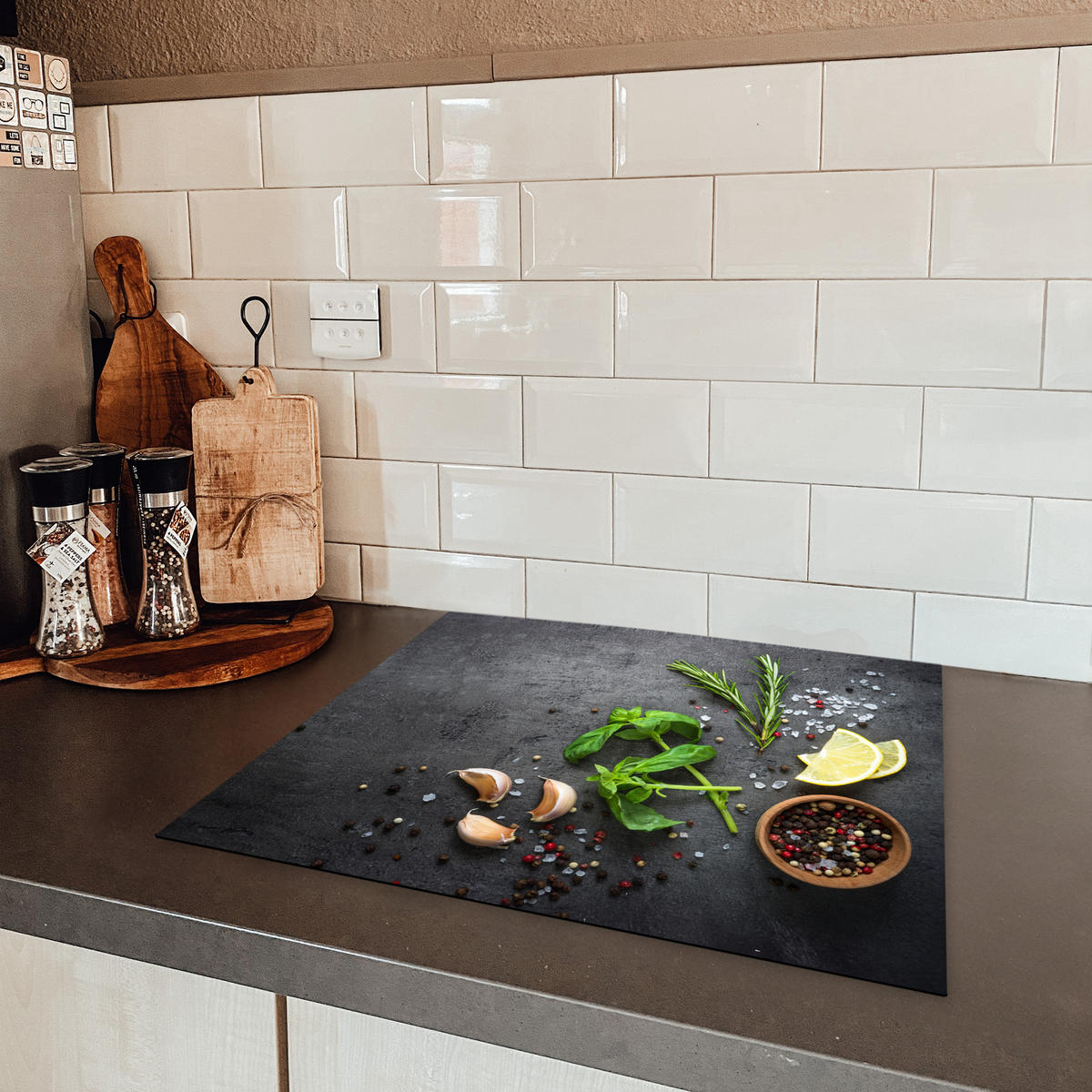 HERDABDECKPLATTE Limette - Kräuter - Gewürze - Grün - Grau - Beton 59x51 cm - Grün, Kunststoff (59/0.2/51cm) - MuchoWow