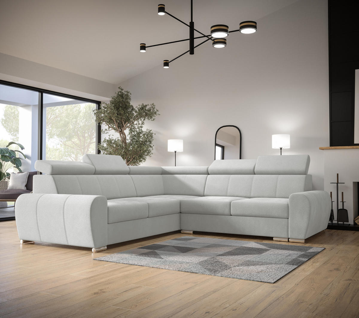 ECKSOFA APOLLO KN09, Eckcouch in L-Form mit Schlaffunktion, Farbe: Hellgrau, Velourstoff, Ottomane Links - Hellgrau, Textil (255/255cm) - O-Sofa