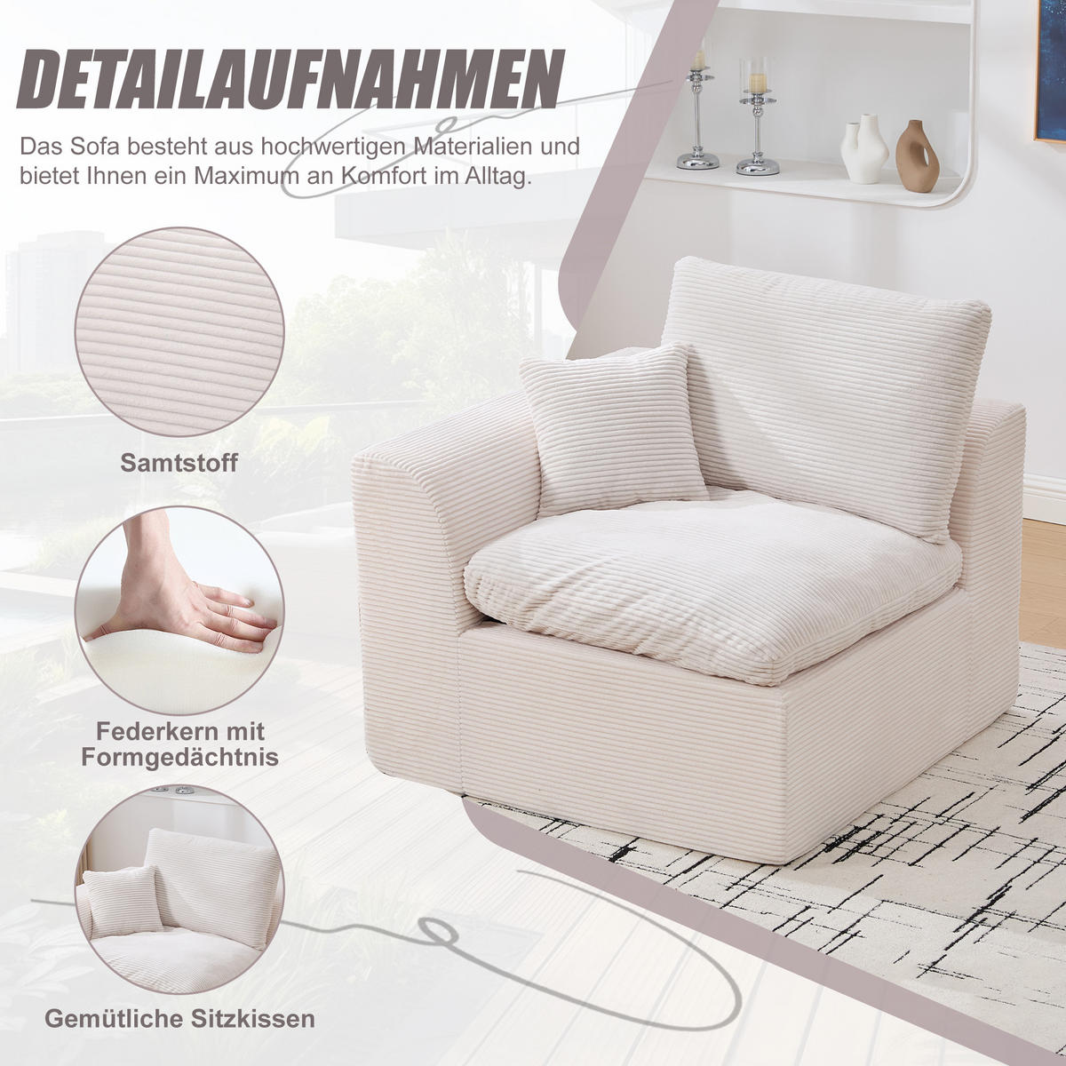 SESSEL Cord-Sofa mit Federkern-Polsterung und Kissen, Montagefrei - Beige, Textil (101/84/102cm) - Urban Meuble
