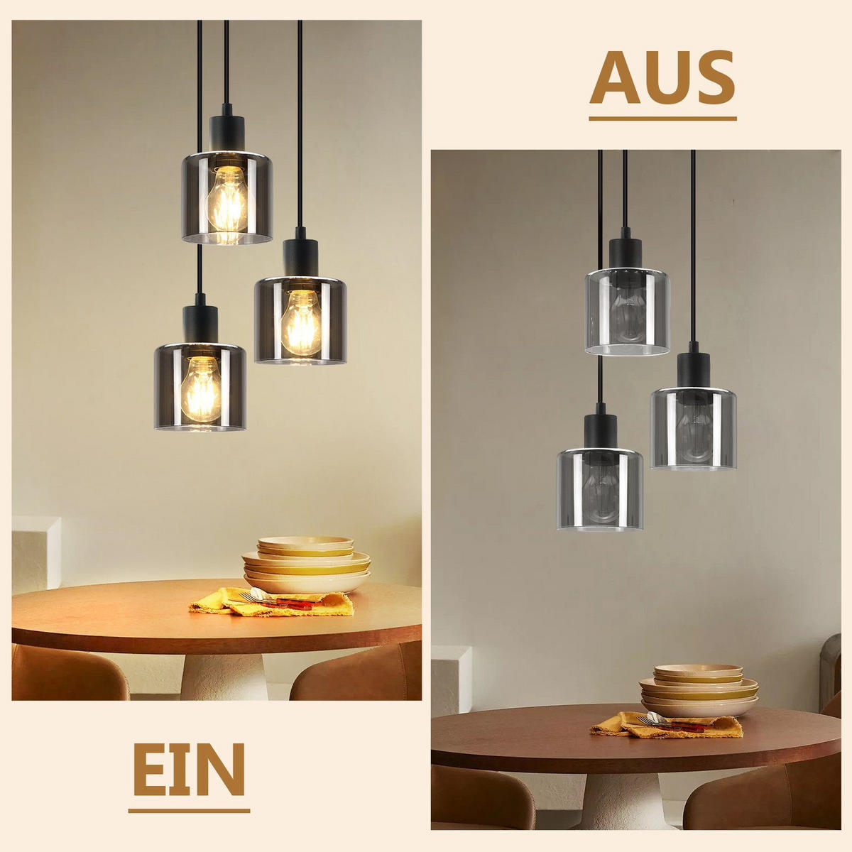 HÄNGELEUCHTE Klassik 3-flammig 26/26/195 cm - Grau, Glas (26/26/195cm) - Nettlife