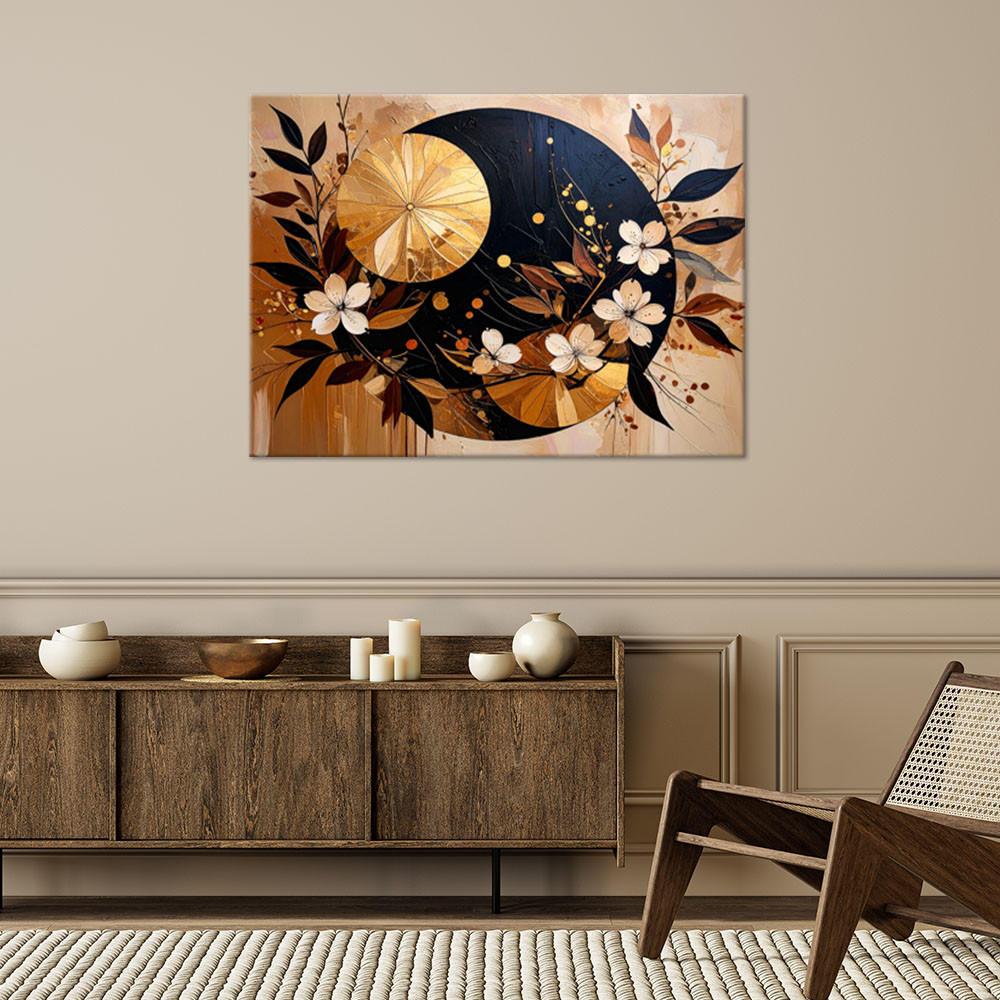 LEINWANDBILD Abstraktion Kreise Blätter Blumen Gold Braun 90x60cm - Beige, Textil (90/60cm) - Feeby