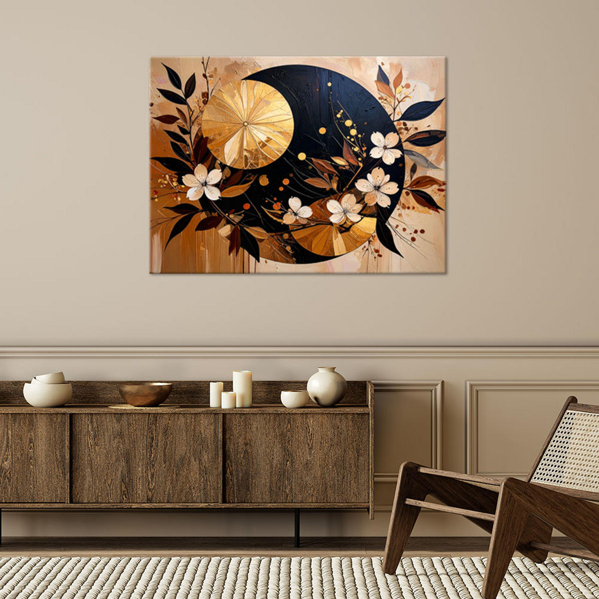 LEINWANDBILD Abstraktion Kreise Blätter Blumen Gold Braun 90x60cm - Beige, Textil (90/60cm) - Feeby