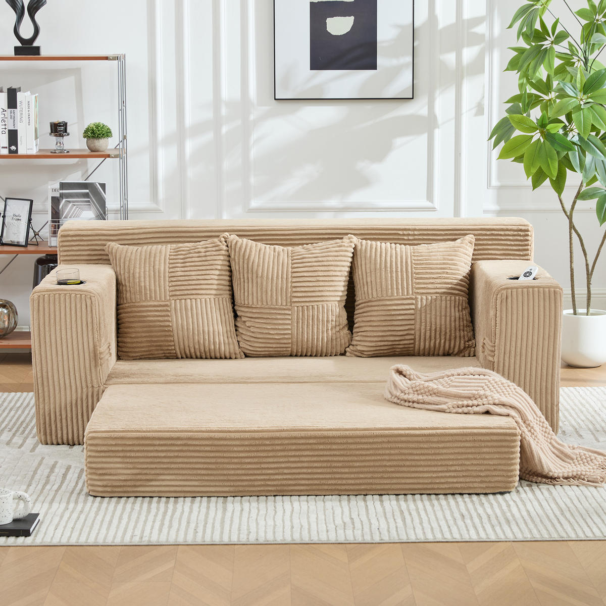SCHLAFSOFA Modular mit Getränkehaltern und Seitentaschen, DE-42913, Khaki - Sandfarben, Textil (172/64/87cm) - ComfortXL