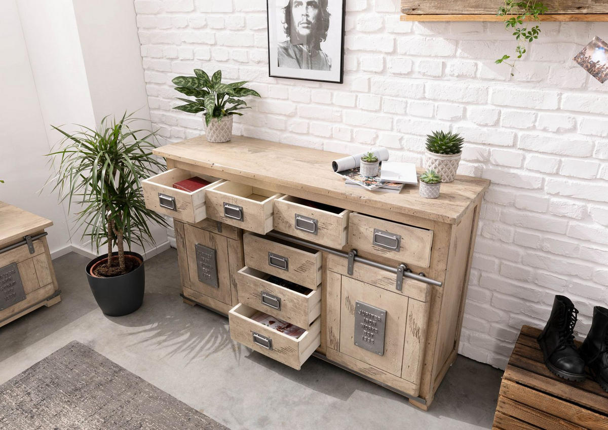 SIDEBOARD Mango 150x45x90 whitewash lackiert RAILWAY #319 - Beige, Holz (150/90/45cm) - Massivmoebel24