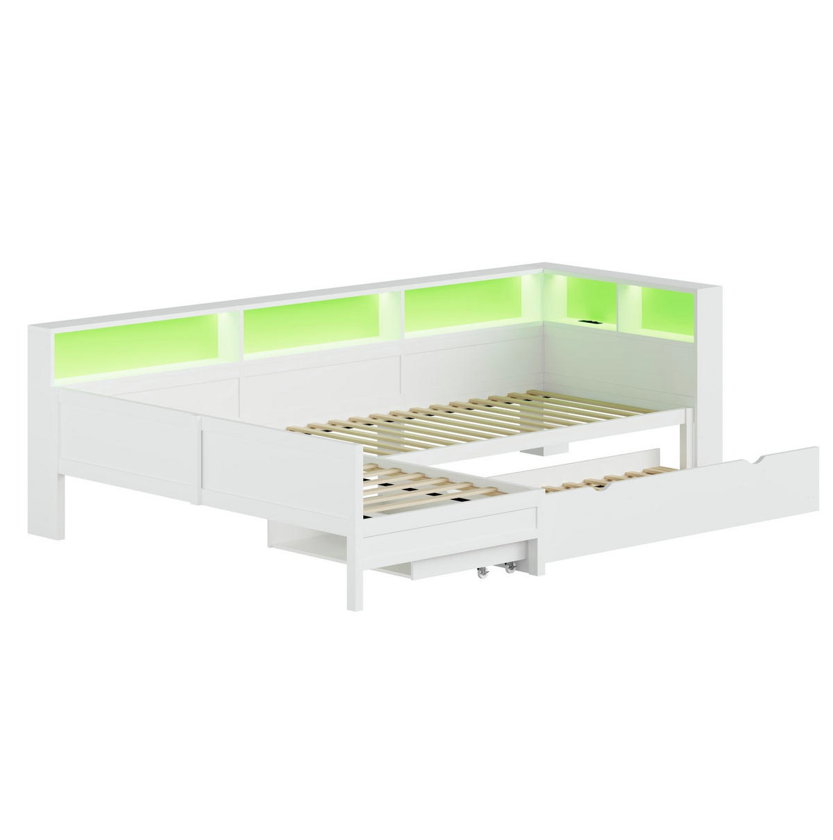 TAGESBETT 90/200 cm aus MDF und Sperrholz mit Ausziehbett, LED und Ladestation, Weiß - Weiß, Holzwerkstoff (90/200cm) - Redom