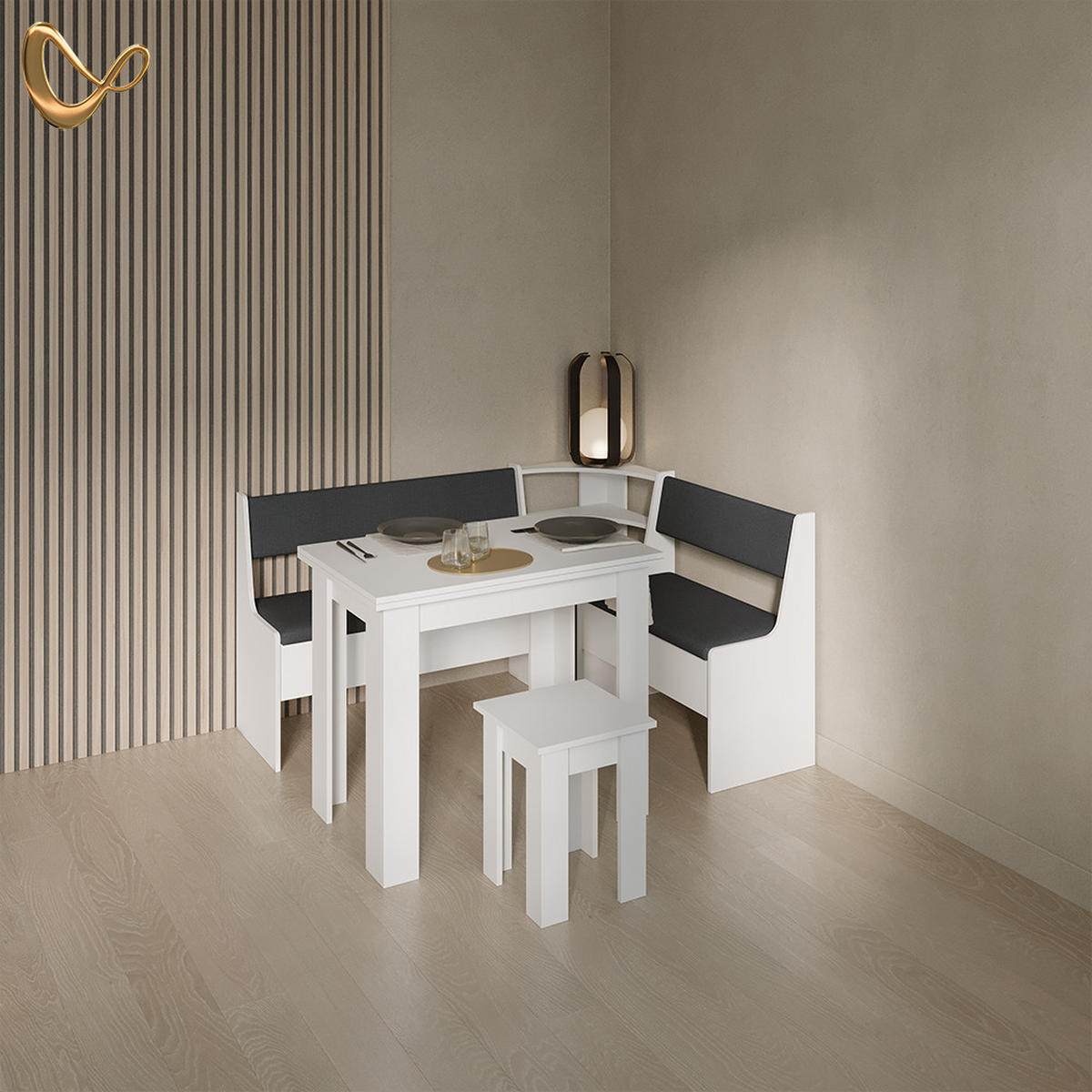 ECKBANKGRUPPE Tiberio Weiß 150 x 120 cm mit Tisch - Weiß, Holzwerkstoff (150/80/120cm) - Livinity®