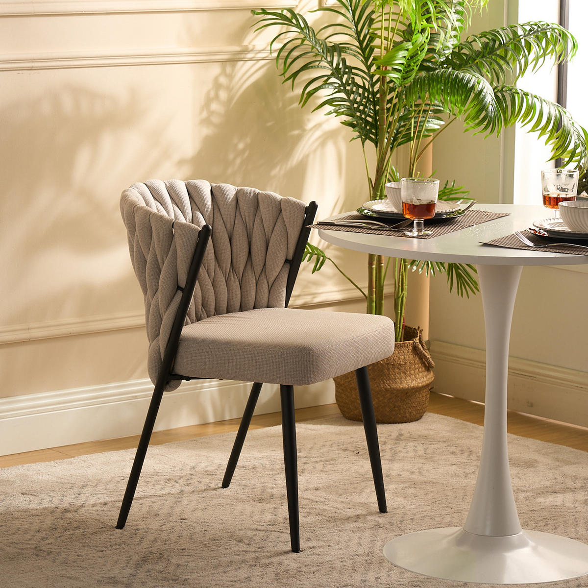 ESSZIMMERSTUHL 6er-Set mit Stoffbezug und geflochtener Rückenlehne Beige - Beige, Textil (44.5/77/46cm) - Meubles Cosy