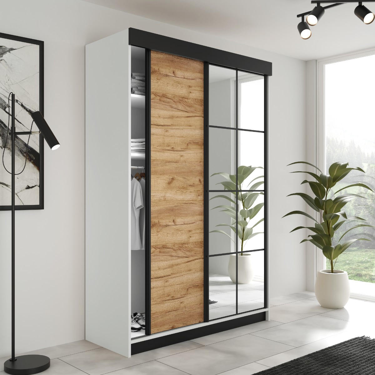 SCHIEBETÜRENSCHRANK LAMARO - 138x205x59 - Weiß & Eiche Craft Gold - Honigeiche/Weiß, Holzwerkstoff (138/205/59cm) - Kier Furniture