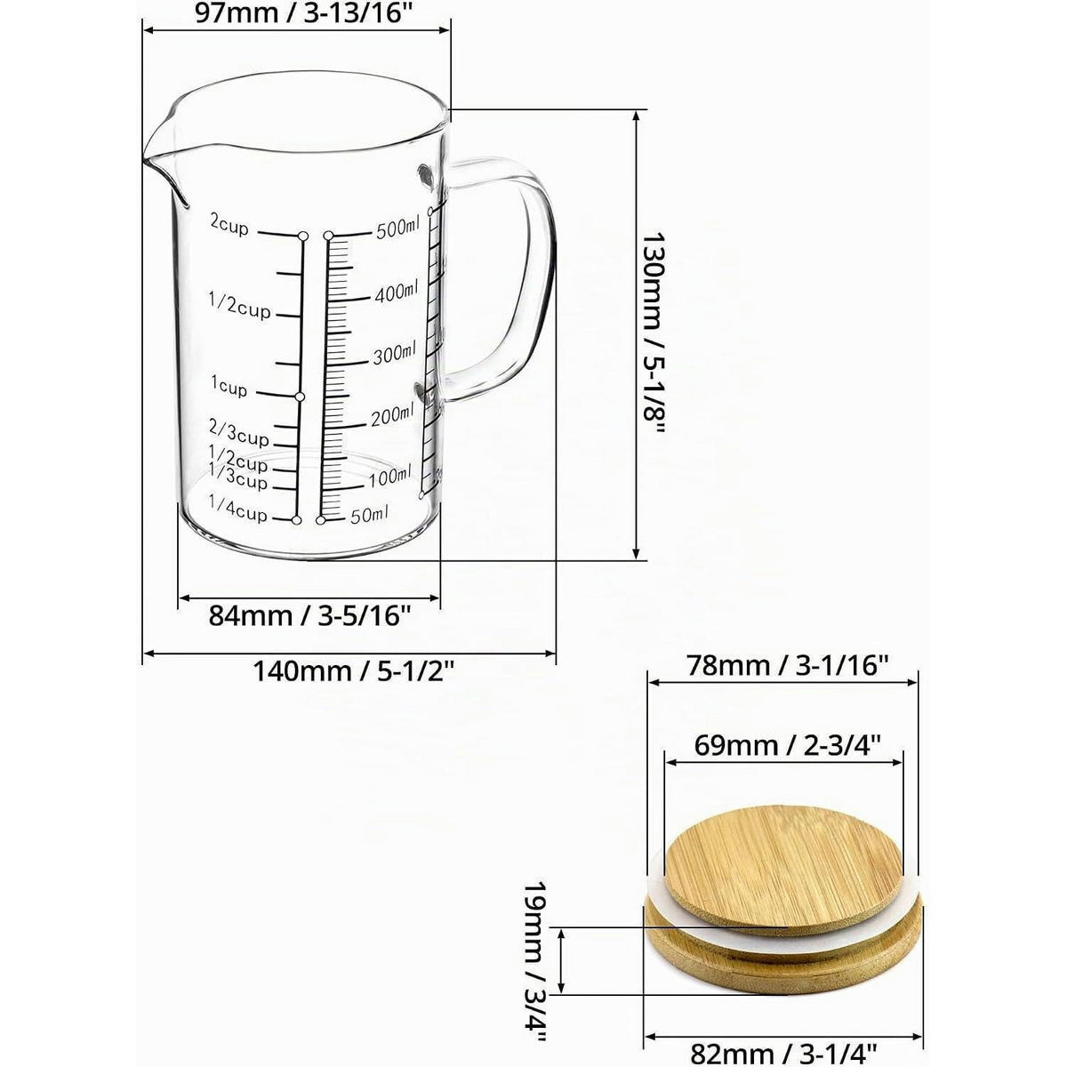 MESSBECHER 500ml Borosilikatglas mit Bambusdeckel - Transparent, Glas (0.5L)