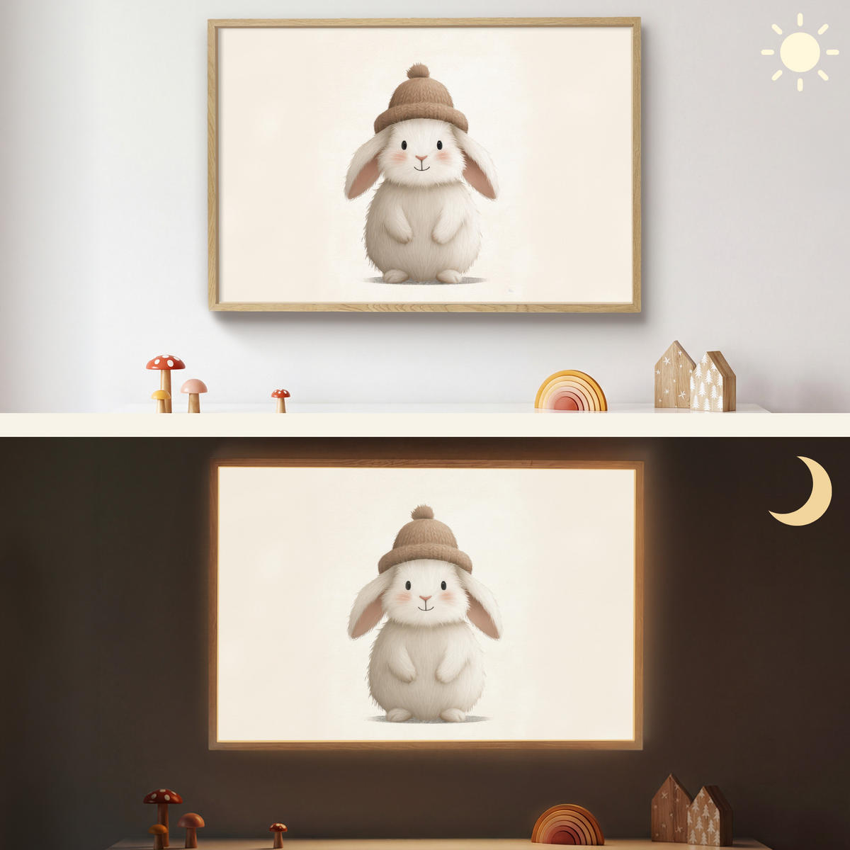 NÁSTĚNNÁ LAMPA S AKUMULÁTOREM Králík - Klobouk - Uši - béžový 90x60 cm - krémová, kompozitní dřevo (90/60/8cm) - OnlyWow