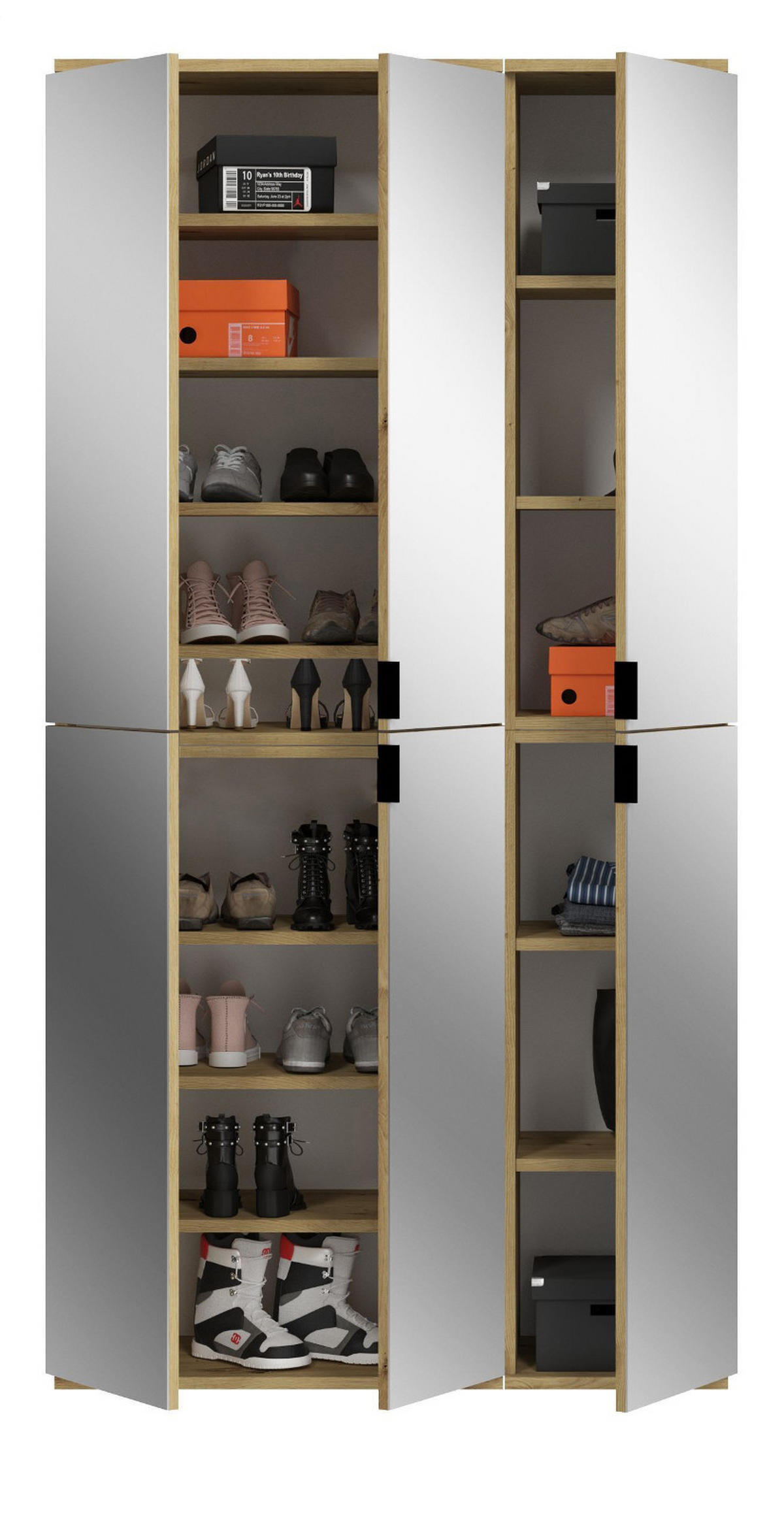 GARDEROBENSCHRANK Artisan Eiche 91 cm, Flurschrank 6-türig mit Spiegel - Chromfarben/Schwarz, Glas/Holzwerkstoff (91/193/34cm) - Inn.Furn