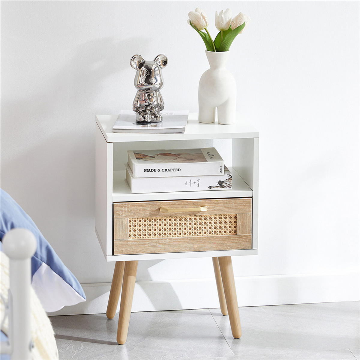 NACHTTISCH Rattan 40/55/30 cm mit Schublade Massivholzbeine Weiß - Weiß, Holz (40/56/30cm) - Kaket