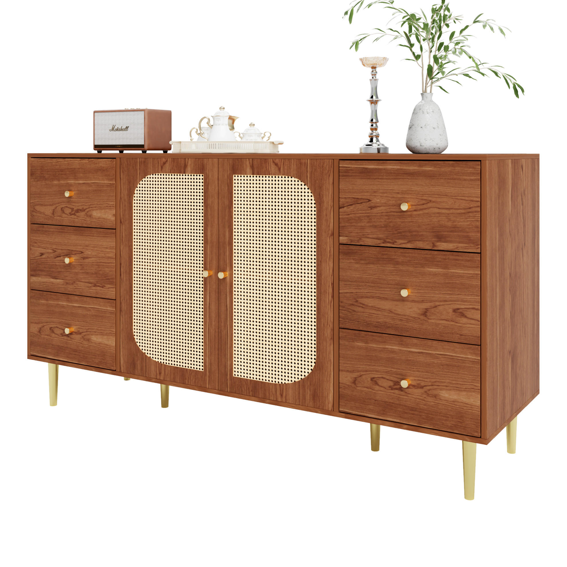 SIDEBOARD 160/40/90 cm in Holzoptik mit Rattantüren und 6 Schubladen - Eichefarben, Holzwerkstoff (160/90/40cm) - Flora Grace