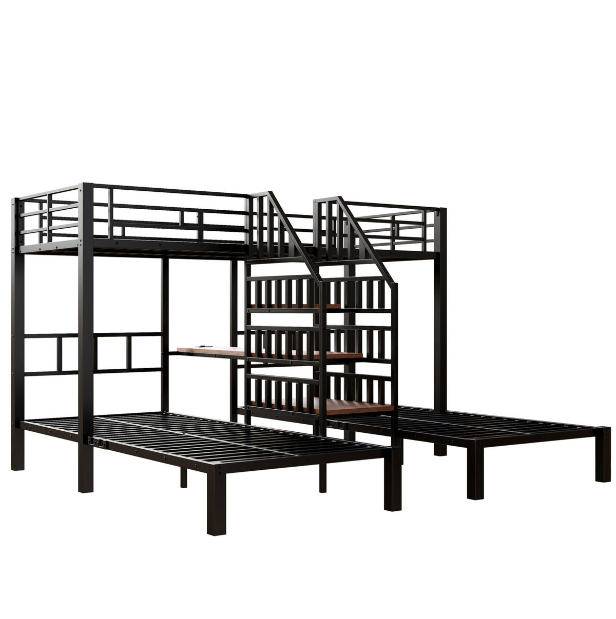 ETAGENBETT aus Metall und MDF 90x200 cm Schwarz mit LED, Schreibtisch, Stauraumtreppe, Regal, USB und Steckdose - Schwarz, Metall (90/200cm) - Modfu