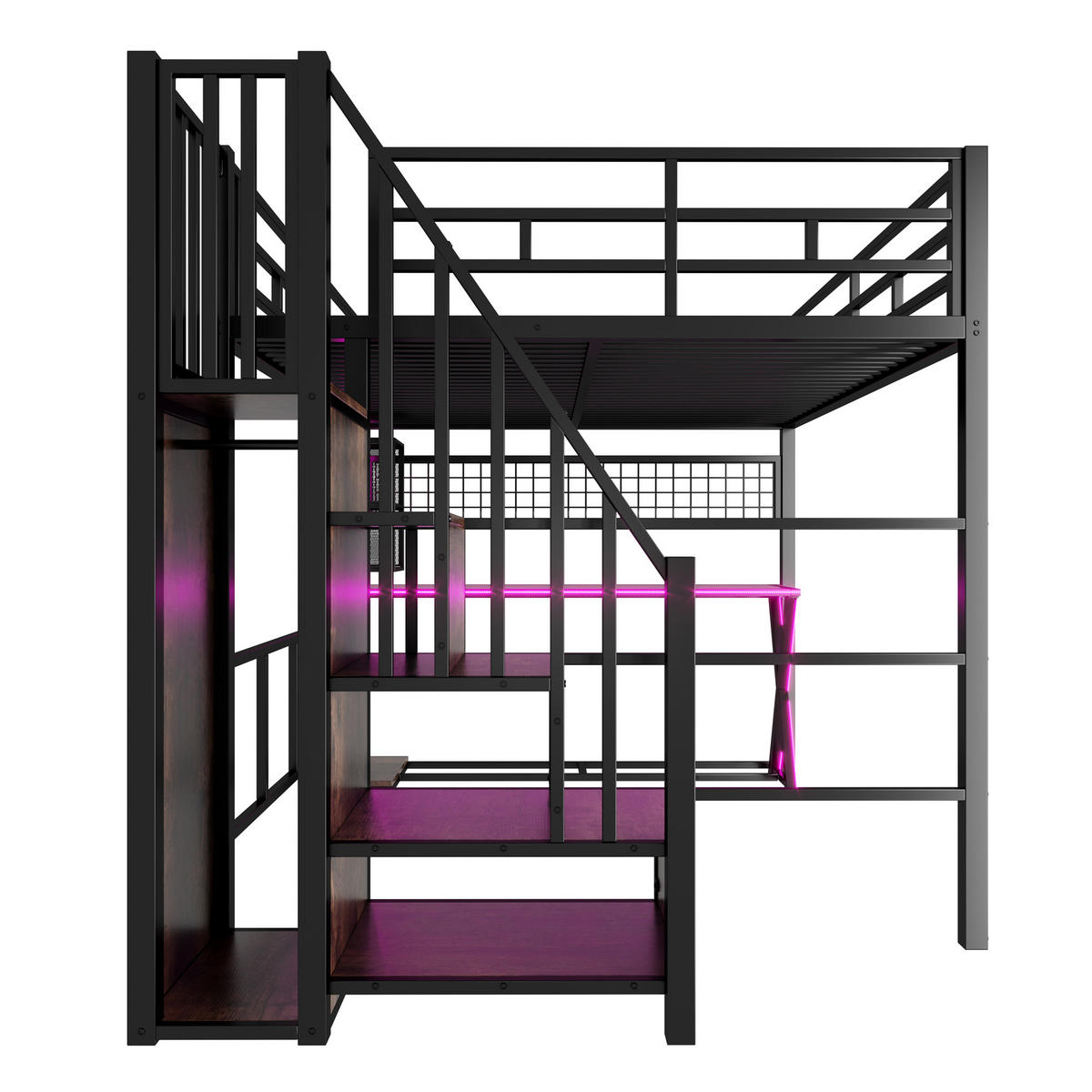 HOCHBETT 160/200 cm mit LED, Schreibtisch und Kleiderschrank, DE-04920, in Schwarz - Schwarz, Metall (160/200cm) - ComfortXL