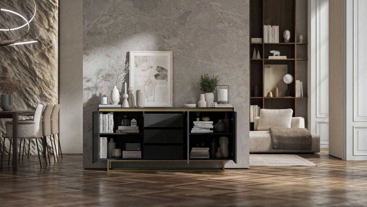 KOMMODE Selene 3D Schwarz Matt mit geriffelten Fronten Glamour 167 cm - Goldfarben/Schwarz, Holzwerkstoff/Metall (167/79/35cm) - Meble Lindner