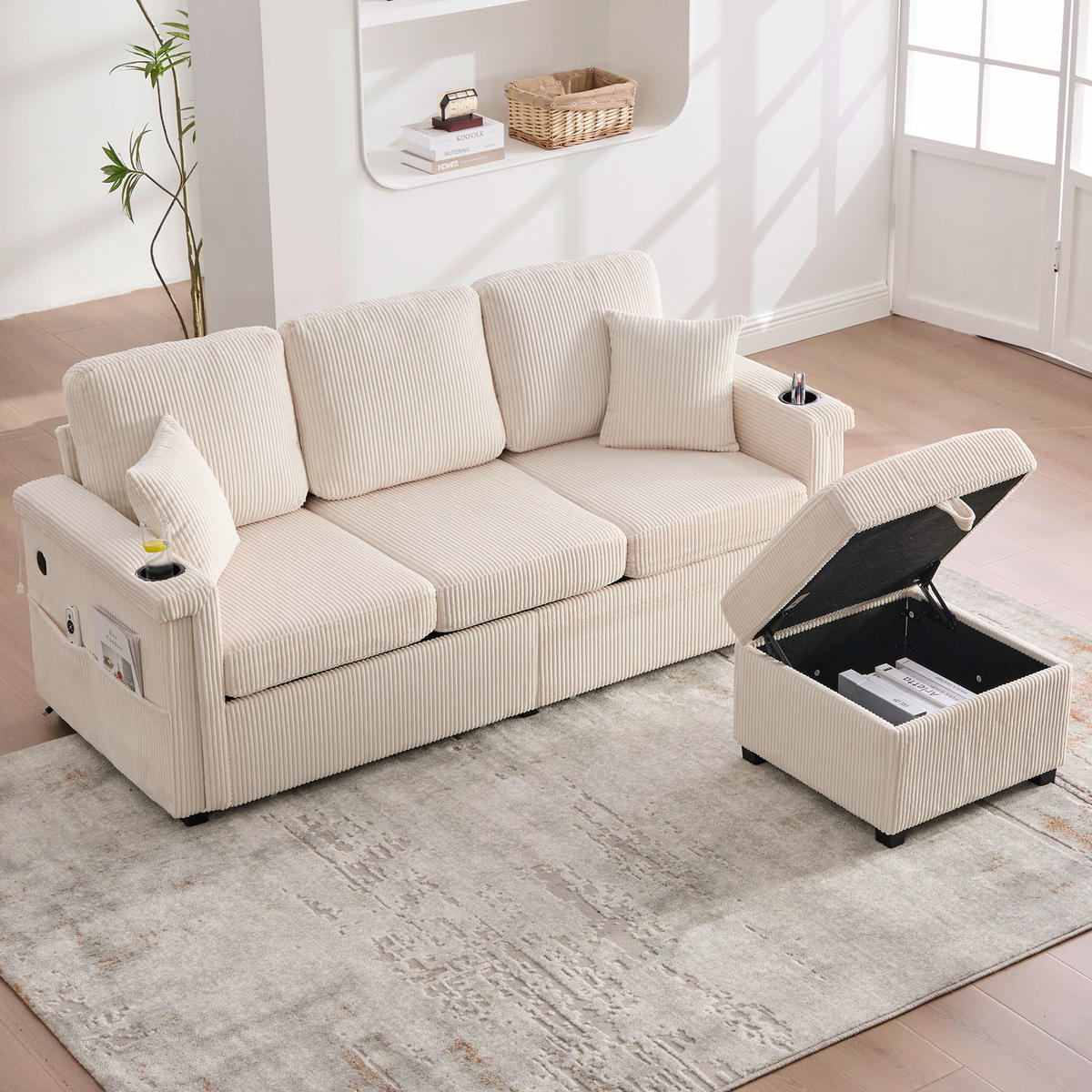 SOFA Corduroy mit LED und USB-Anschluss Stauraumschubladen auf Rollen 194/73/81 cm Beige - Beige, Textil (73/194cm) - Redom