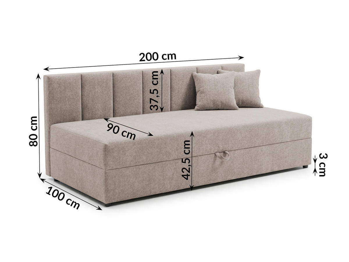 TAGESBETT Lenny mit Rückenlehne und großem Bettkasten aus Taupe Chenille-Stoff - Taupe/Schwarz, Holz/Kunststoff (90/200cm) - S-Style Möbel