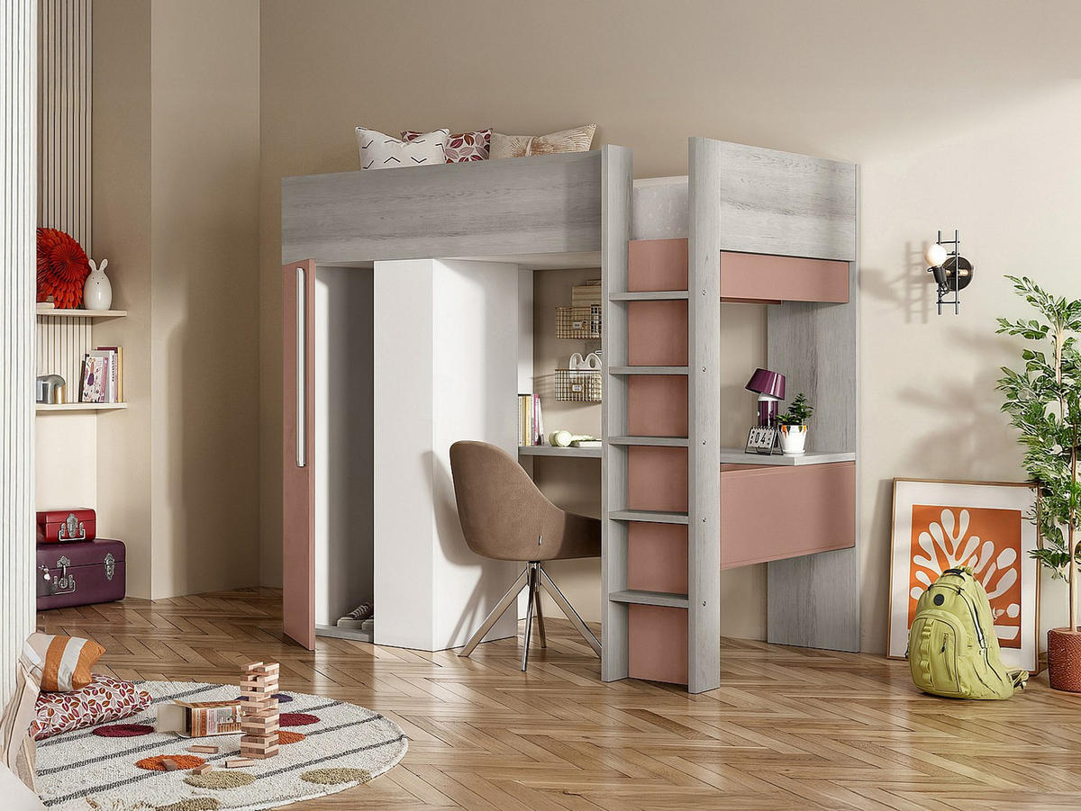 HOCHBETT mit Schreibtisch & Kleiderschrank + Matratze - 90 x 200 cm - Rosa & Weiß - NICOLAS - Pink, Holz (110/205.2cm) - Vente-Unique