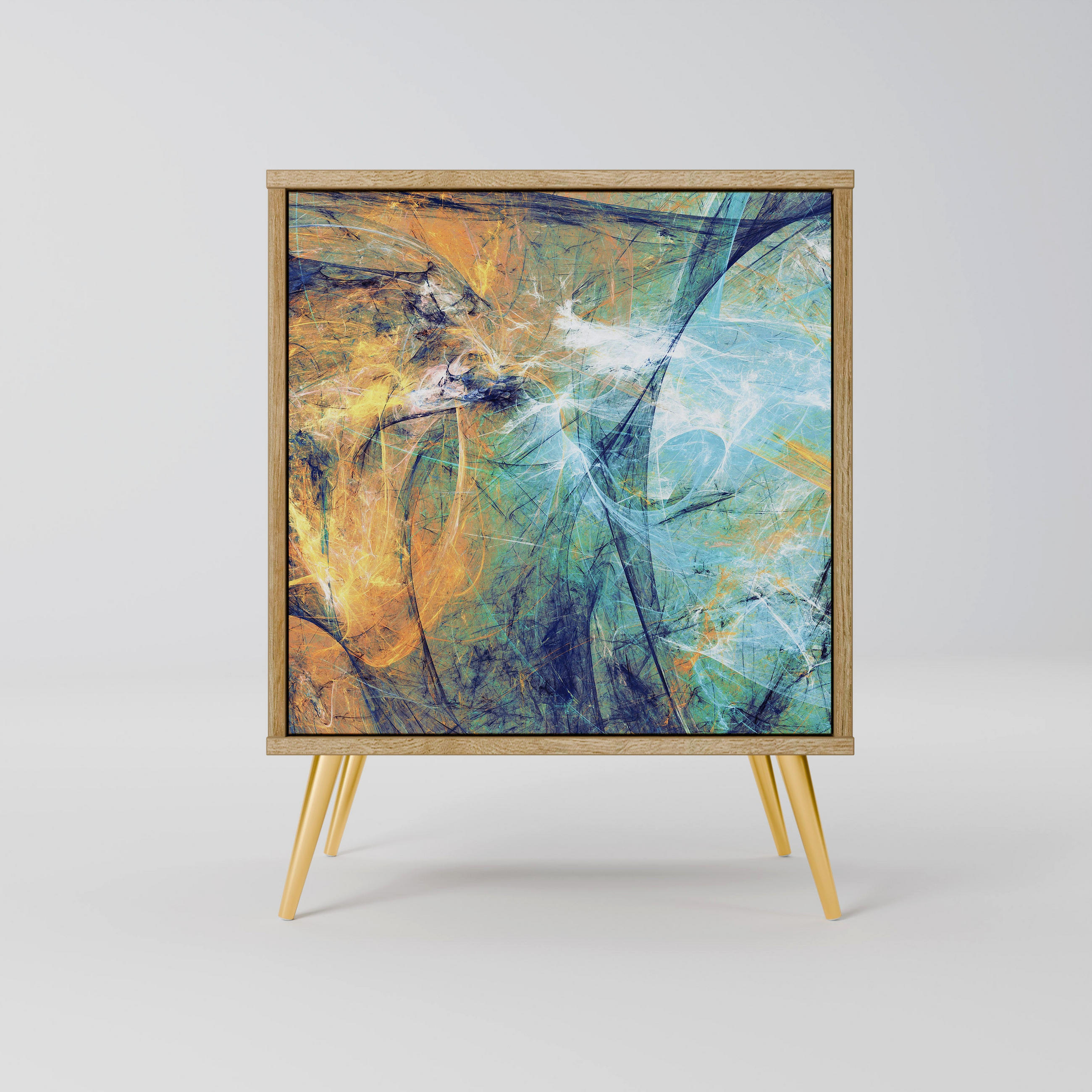 SIDEBOARD ABSTRACT THOUGHTS, Eichefarben, 57,5x42x75,5 cm, Goldfarbene Metallfüße - Eichefarben/Goldfarben, Holzwerkstoff/Metall (57.5/75.5/42cm) - SpaceRebels