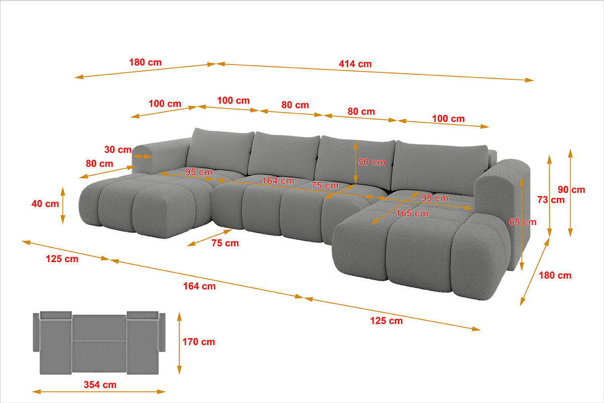WOHNLANDSCHAFT Ottomane Links CLOUD-U 414x180x40 Hellgrau Bouclé - Hellgrau, Holzwerkstoff/Kunststoff (414/90/180cm) - ALTDECOR