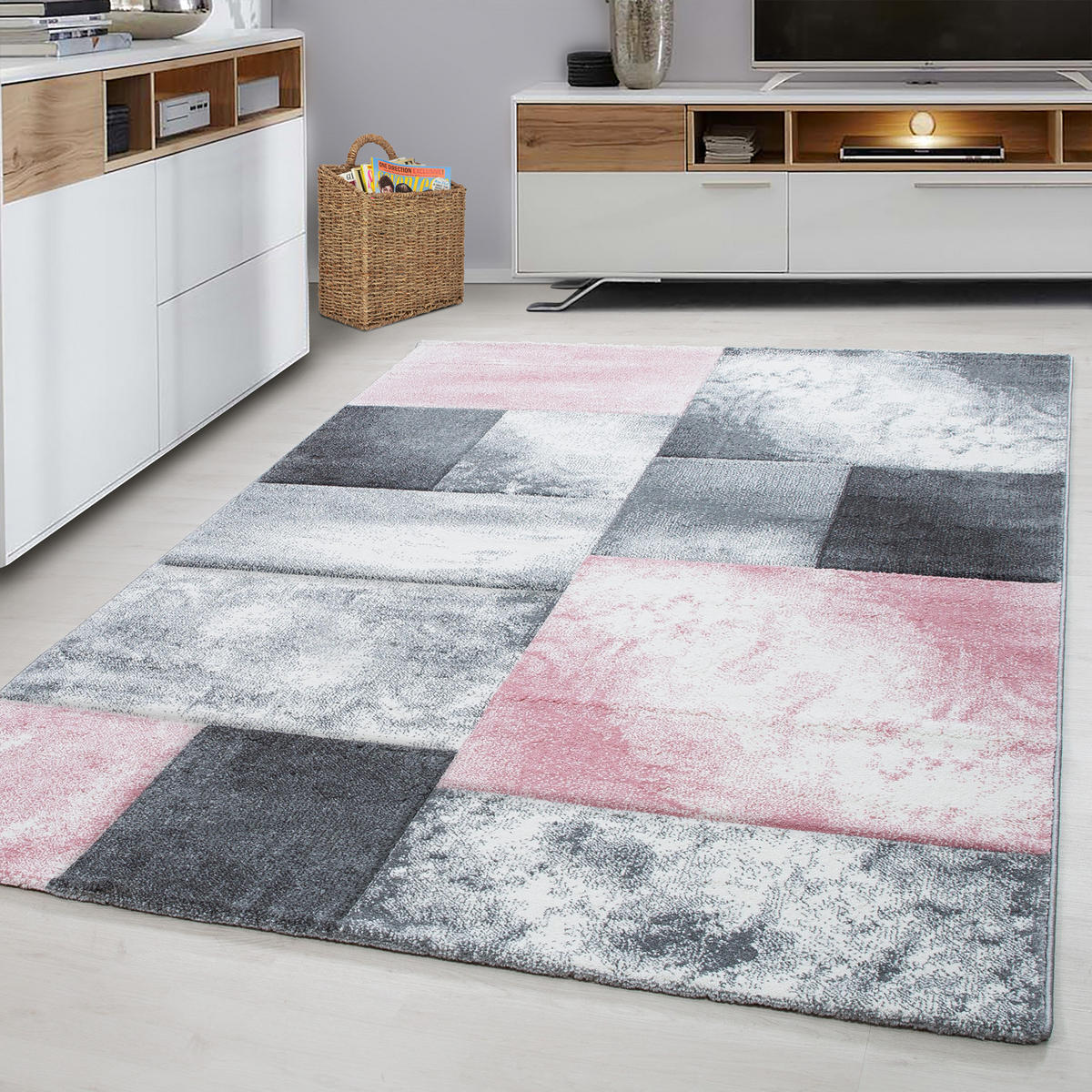 TEPPICH Kurzflor Karo Look Polypropylen Wohnzimmer Pink Rechteckig 280x370 - Rosa, Textil (280/370cm) - KADIMA DESIGN