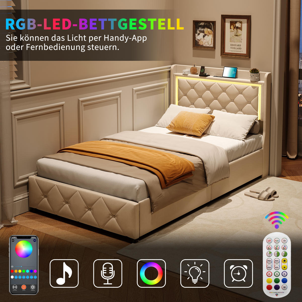 POLSTERBETT 90x200 cm, Einzelbett mit 2 Schubladen, LED & USB/Type-C, Flauschstoff in Beige - Beige, Holz (90/200cm) - BRILVERDE