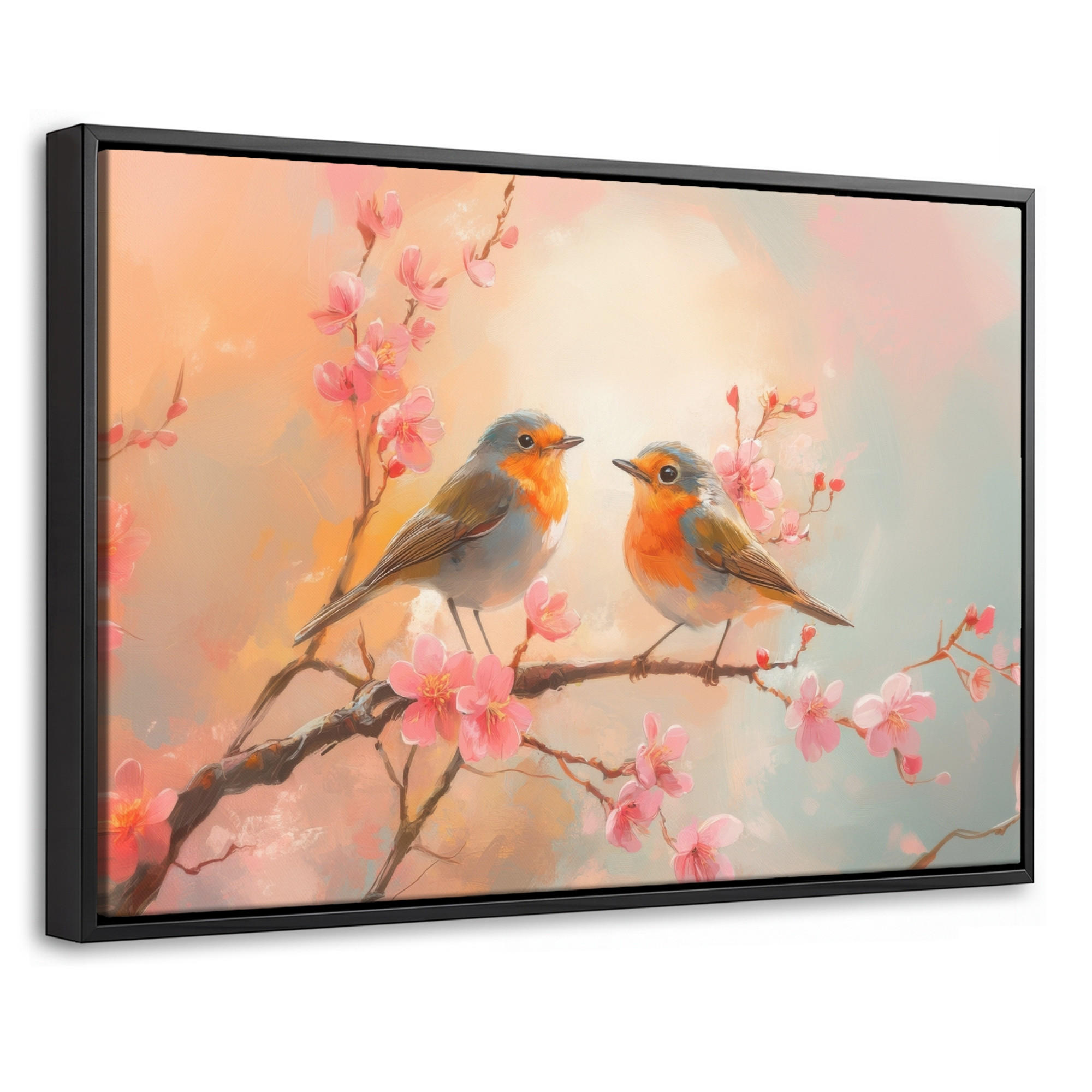 LEINWAND Bilder mit Rahmen - Rotkehlchen - Zierpflanze - Blütenzweig - 60x40 - Hellrosa, Textil (60/40cm) - MuchoWow