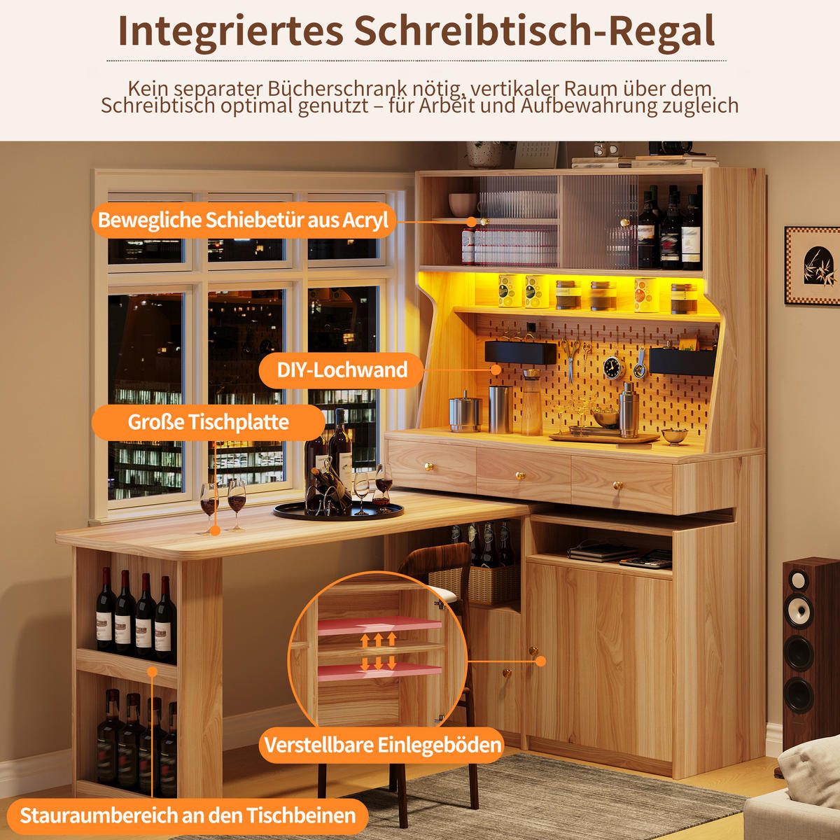 BUFFET LED Glas Türen Naturbraun - Naturfarben, Glas (137/177.7/74cm) - FLIEKS