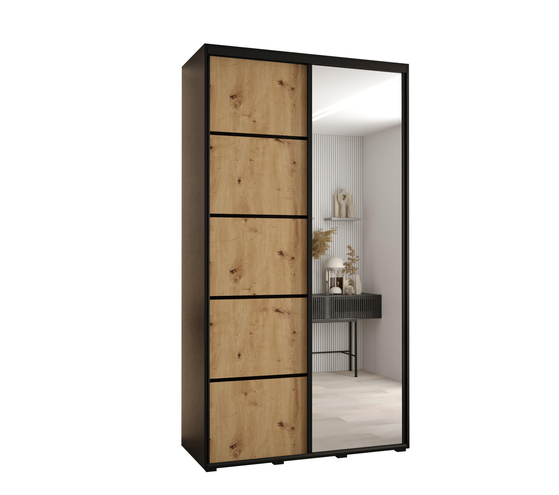 Abiks Möbel Schwebetürenschrank Schwarz, Eiche Artisan, Schwarz 130x235x60 cm