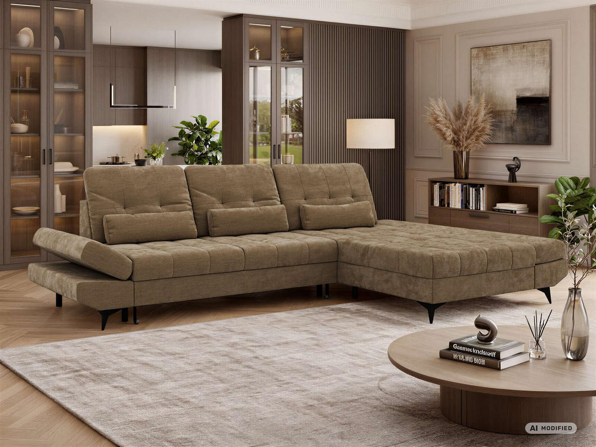 ECKSOFA ALVENO L - Hellbraun Schenille glatt - Rechts Seite - Hellbraun/Schwarz, Textil/Metall (344/218cm) - MKS