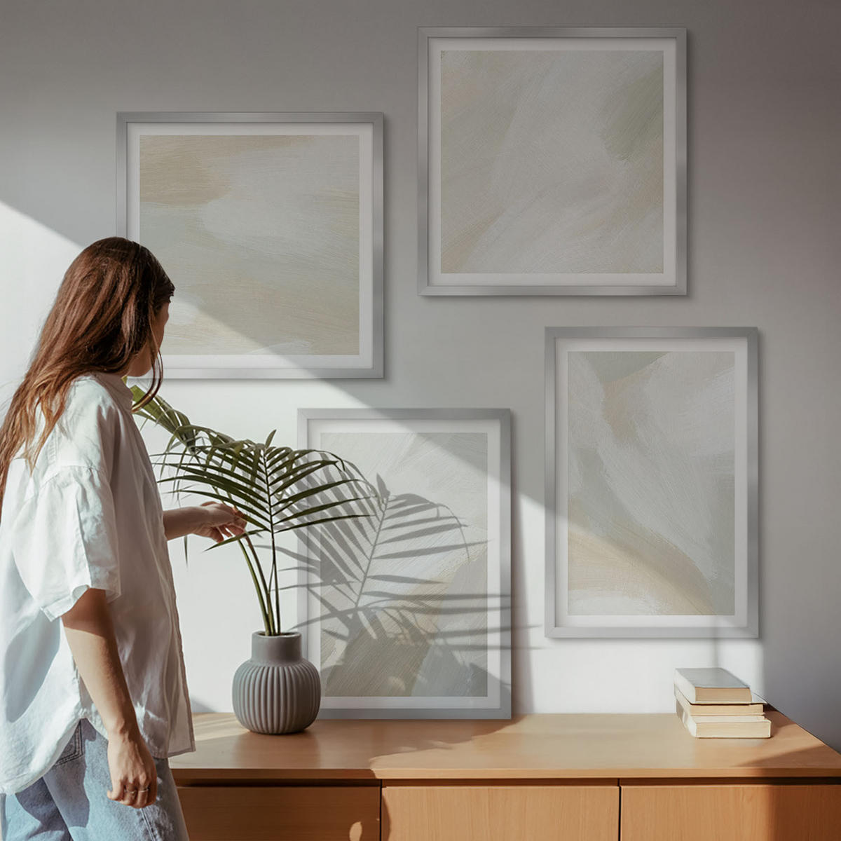 BILDER SET 4er Set - 50x50 cm & 40x60 cm Silberner Rahmen - Abstrakte Pinselmalerei auf Leinwand - Silberfarben, Kunststoff (50/50cm) - TULUP