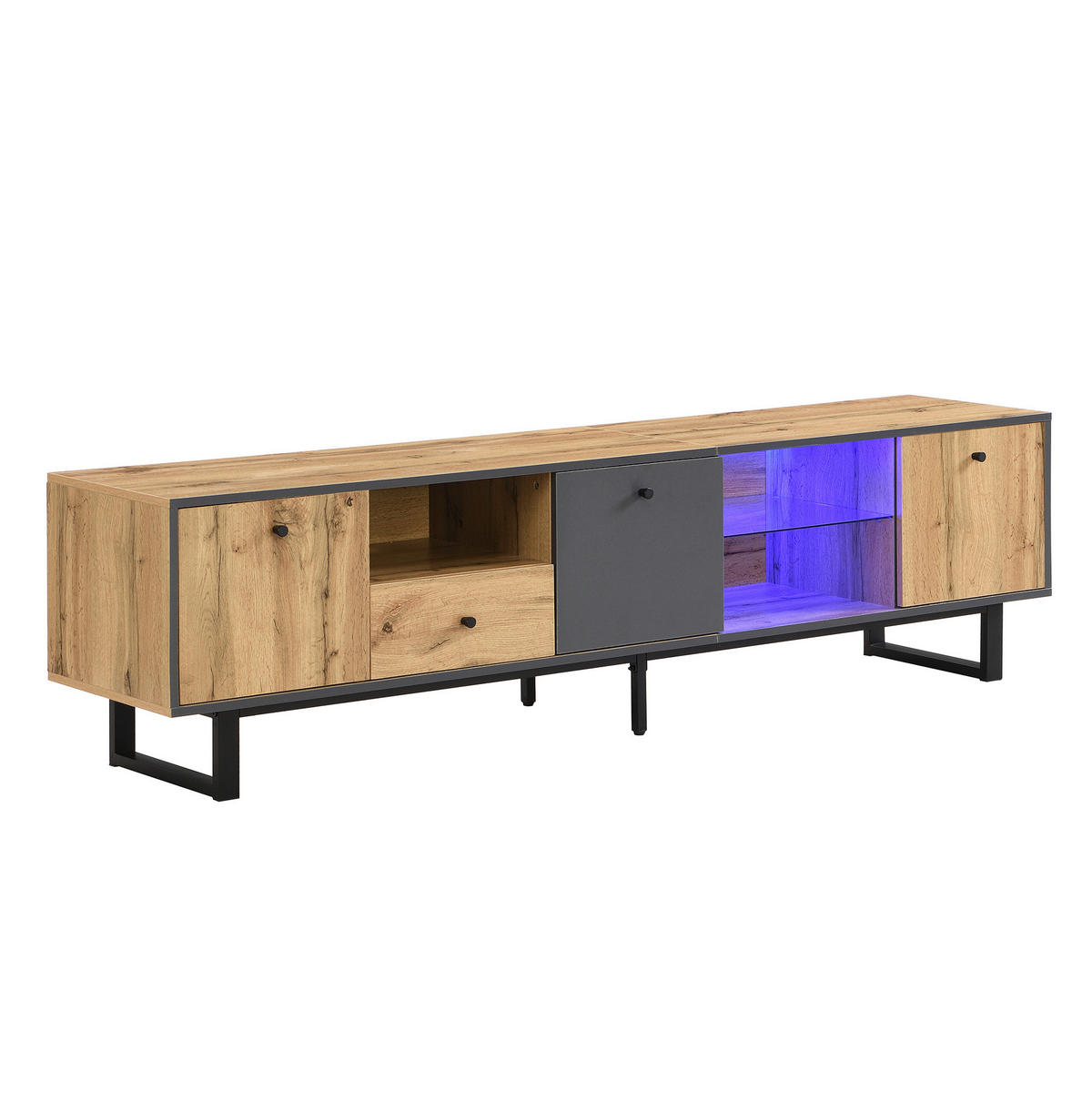 TV ormarić 190/40/50 cm prirodni i antracit od iverice s LED rasvjetom i staklenim policama - prirodne boje, drvni materijal (190/50/40cm) - OKWISH