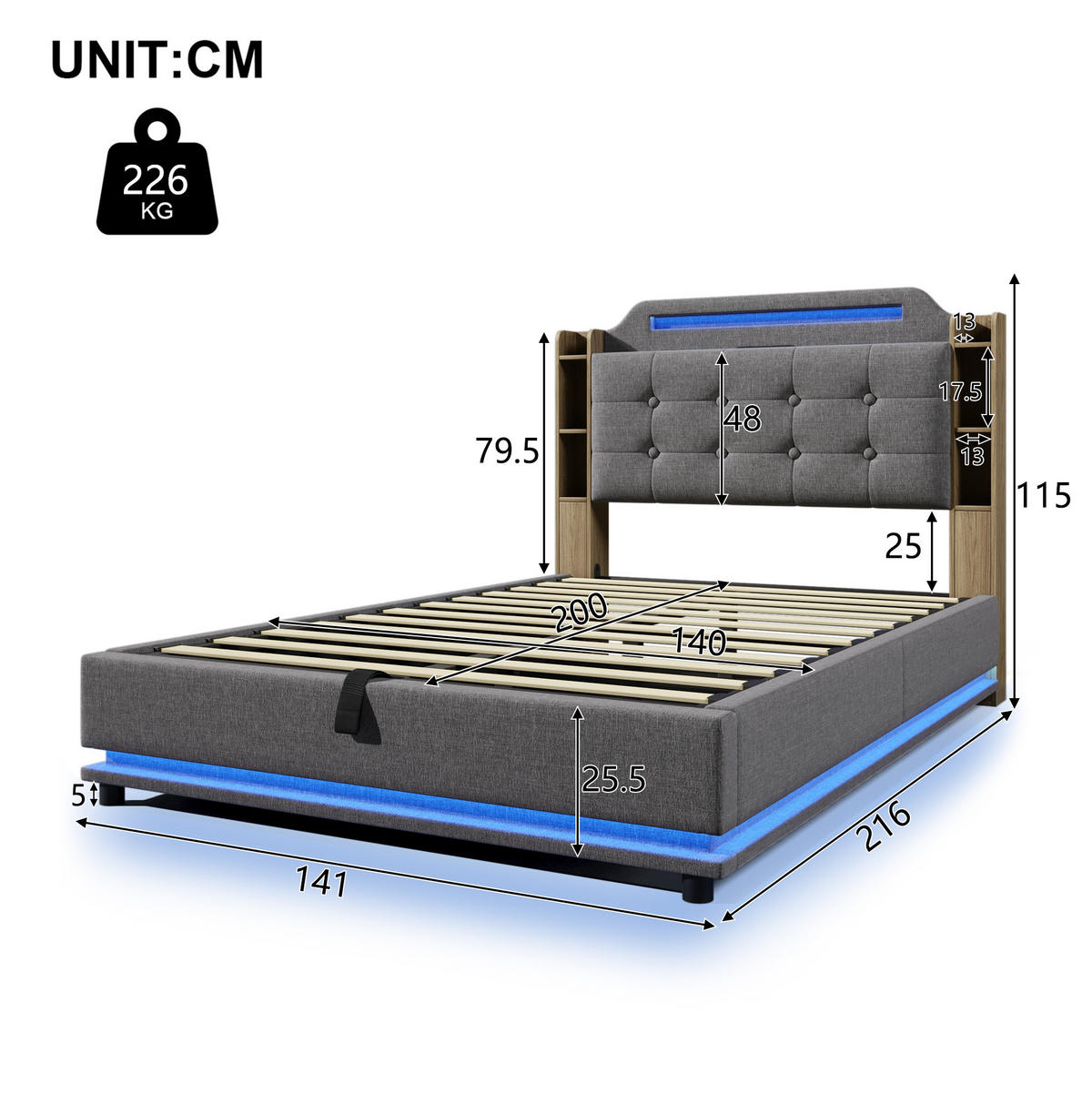 POLSTERBETT mit Bettkasten 140x200 cm Leinen Grau mit LED - Grau, Metall (140/200cm) - Meubliv