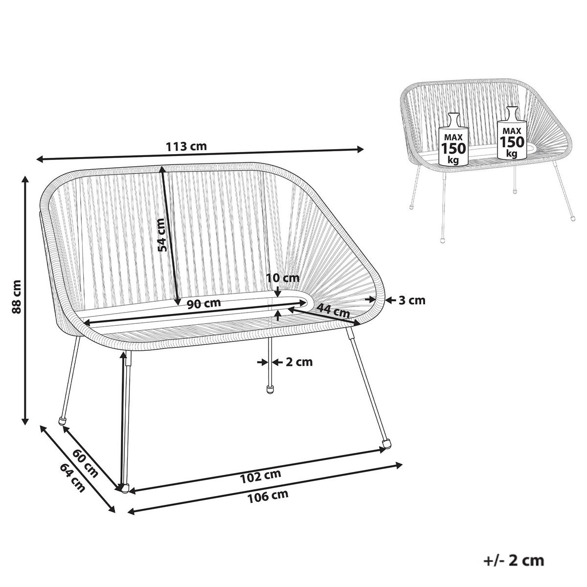 VRTNA KLUPA ratan crni 114 cm Acapulco - crna, plastika (113/88/78cm) - Beliani