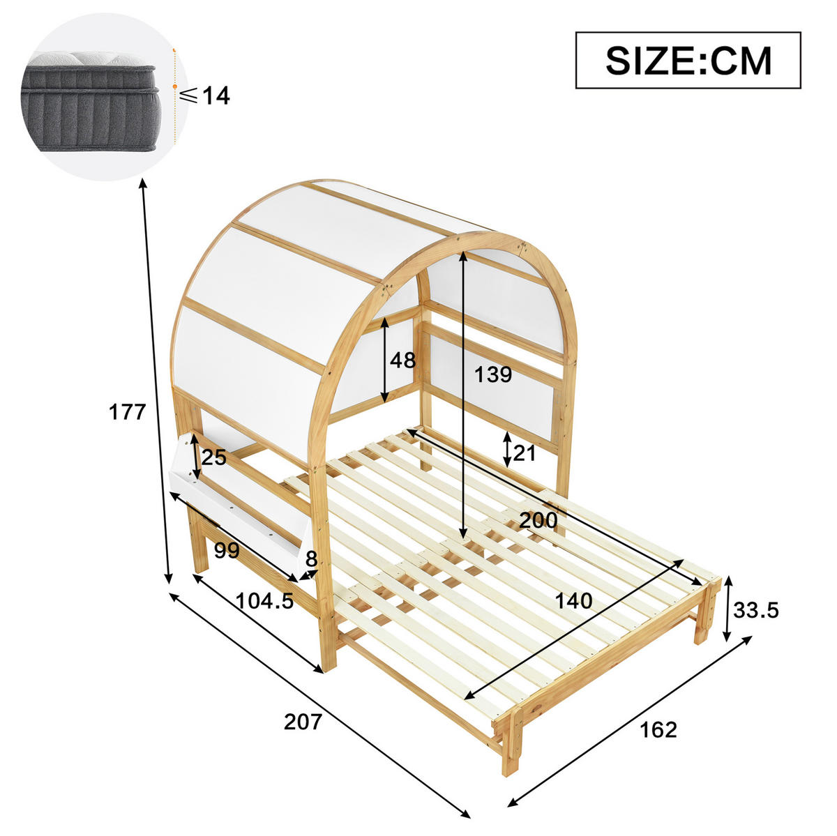 HAUSBETT aus Kiefer und MDF 140x200 cm Weiß/Natur mit Ausziehbett, Ablagefläche und gewölbtem Dach - Weiß, Holzwerkstoff (140/200cm) - Modfu