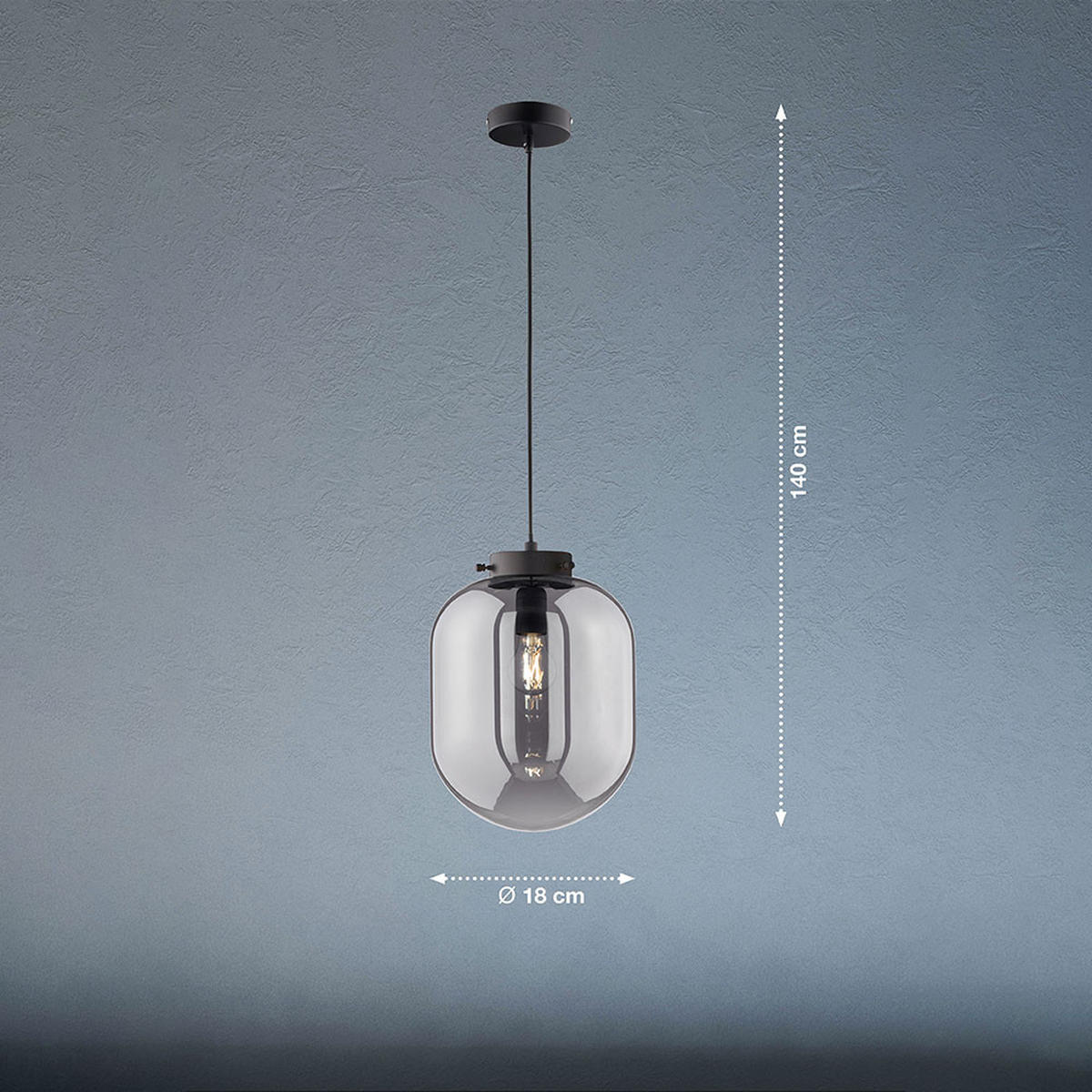 PENDELLEUCHTE Regi Metall Schwarz Rauch - Grau, Glas (18/18/18cm)