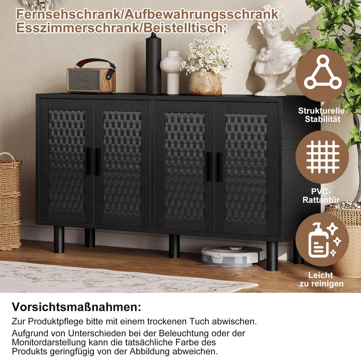 SIDEBOARD 140x40x80 cm Rattan Stauraum schwarz - Schwarz, Holz (140/80/40cm) - Fortuna Lai