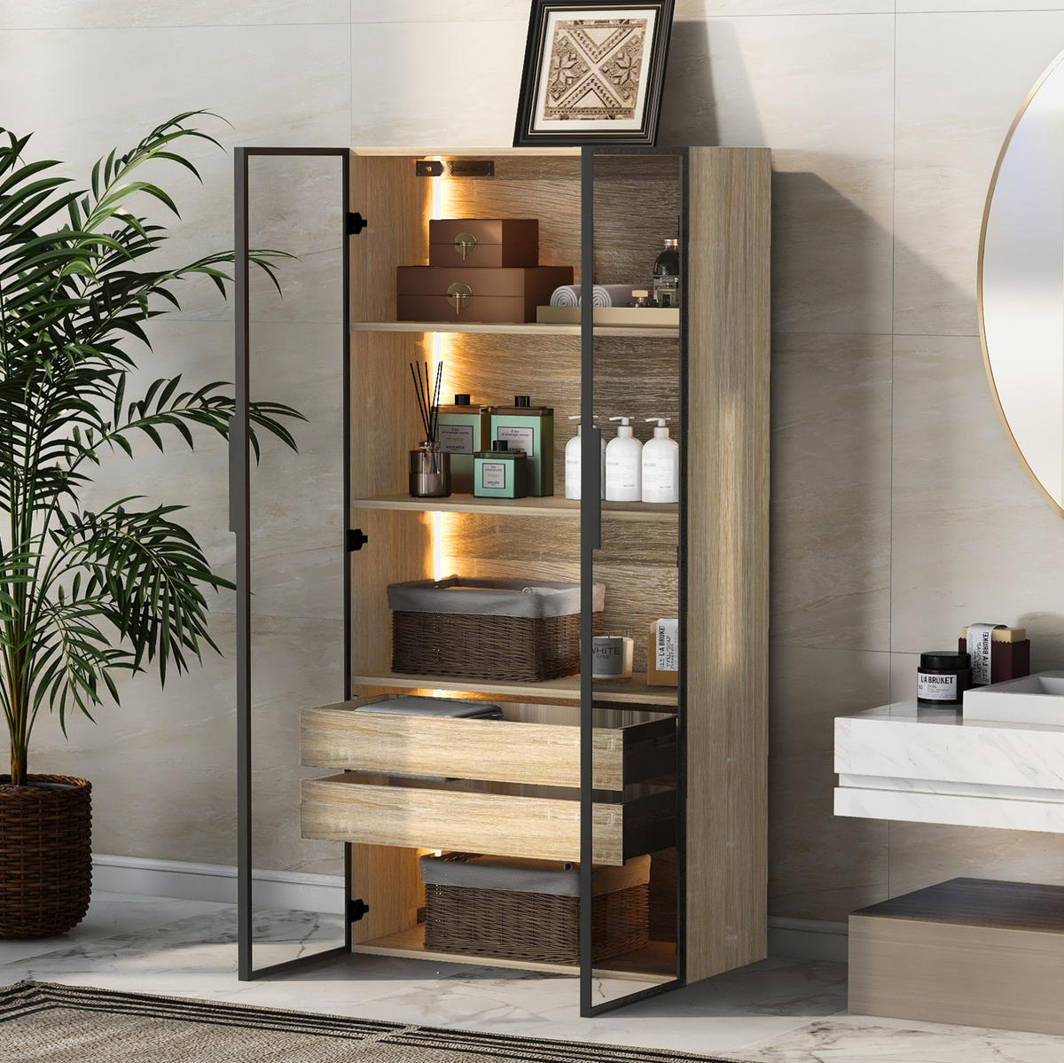 SCHRANK mit LED-Beleuchtung 73 cm MDF Natural - Naturfarben, Holzwerkstoff (36/155/74cm) - Beauniv
