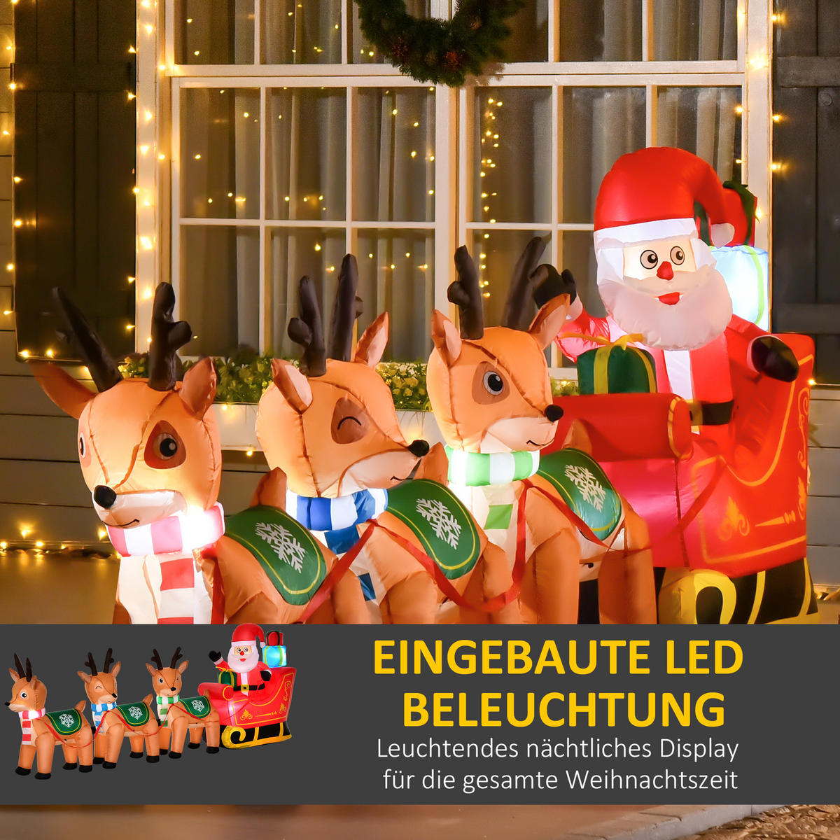 AUFBLASBARER Weihnachtsmann auf Schlitten Dekoration 1,3 m mit Lichtern - Multicolor, Kunststoff (59/132/319cm) - HOMCOM