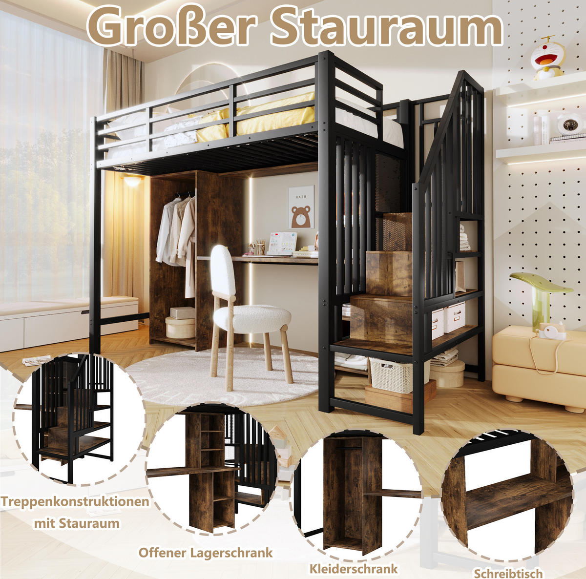 HOCHBETT aus Metall und MDF 90x200 cm Schwarz mit Kleiderschrank, Schreibtisch und Stauraumtreppe - Schwarz, Metall (90/200cm) - Modfu