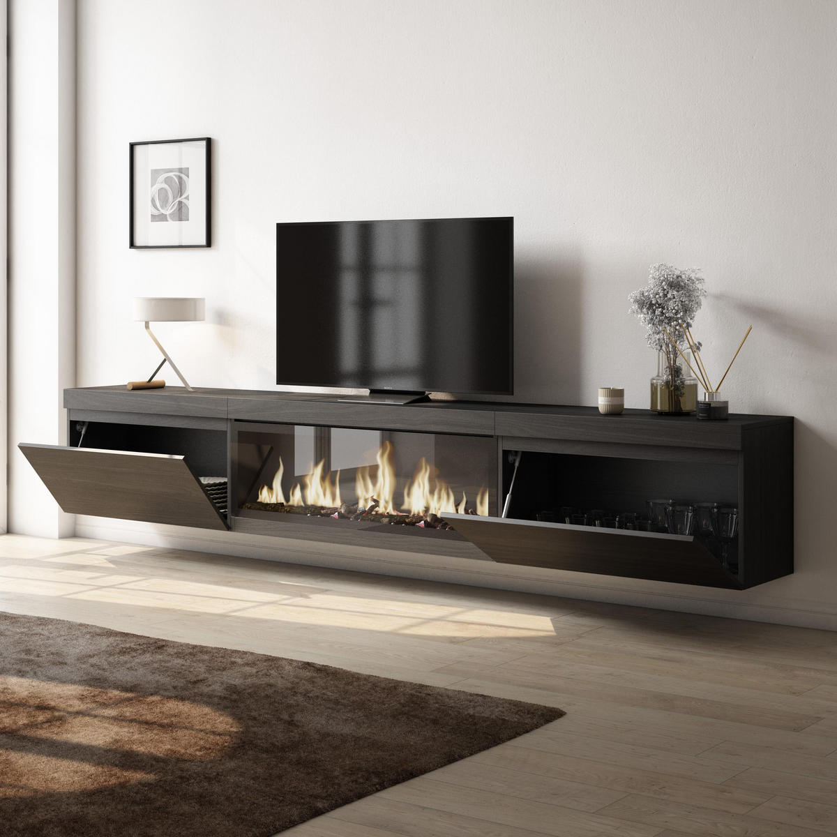TV-SCHRANK Lowboard, Elektrokamin XXL, Hängend, schwarz, 267/35/45 cm - Schwarz, Holzwerkstoff (35/45/267cm) - Skraut Home