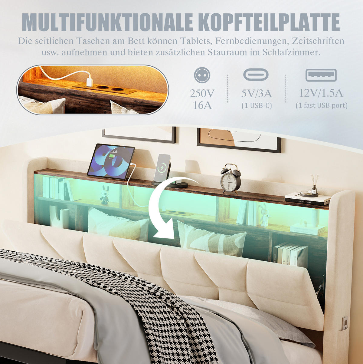 POLSTERBETT aus Velours 160 x 200 cm in Beige mit LED-Beleuchtung & USB/Type-C - Beige, Textil (160/200cm) - Modfu