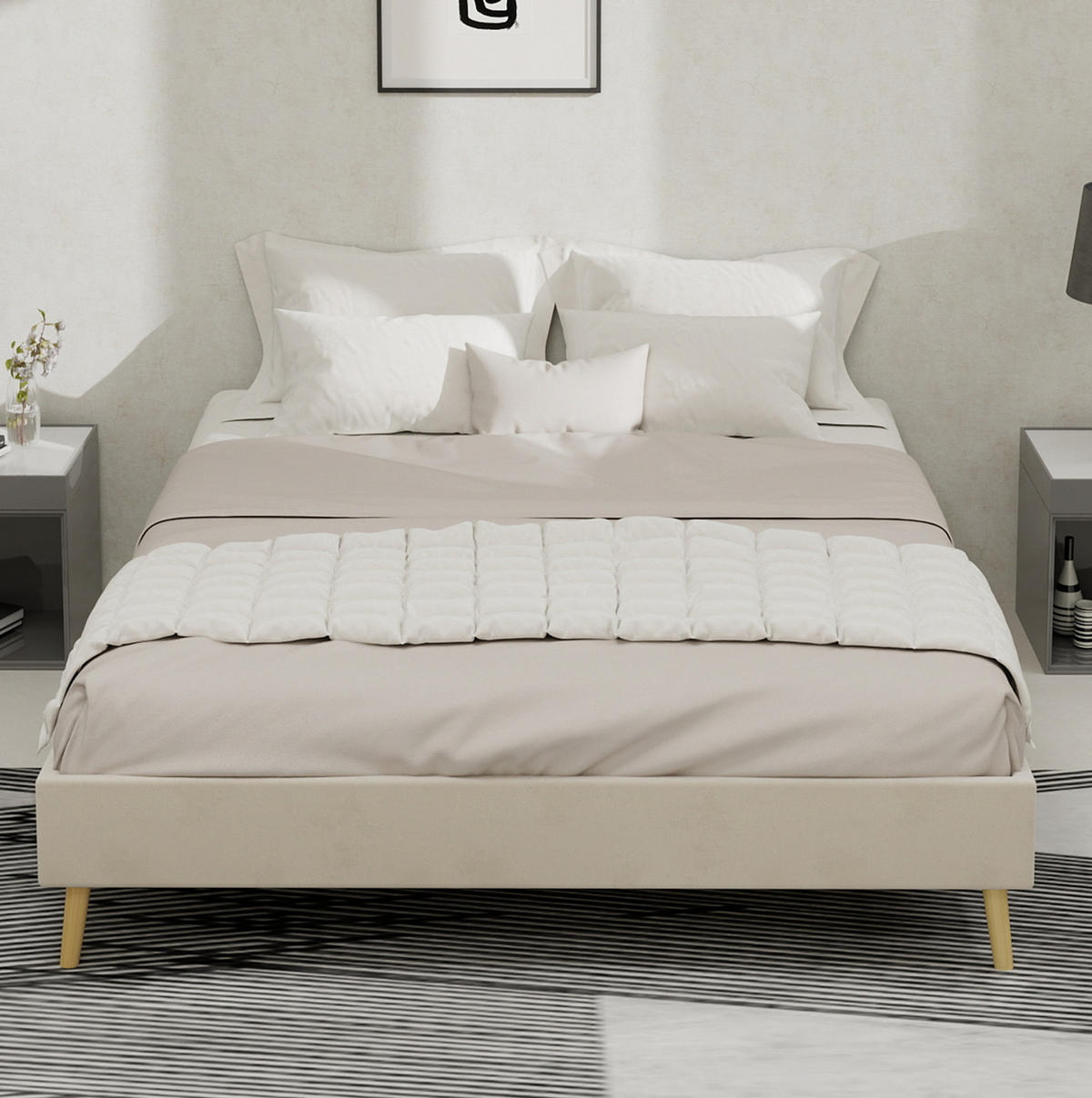 POSTEĽ 140/200 cm béžová z látky a kovu s pevným rámom a moderným nízkym profilom - béžová, textil (140/200cm) - OKWISH