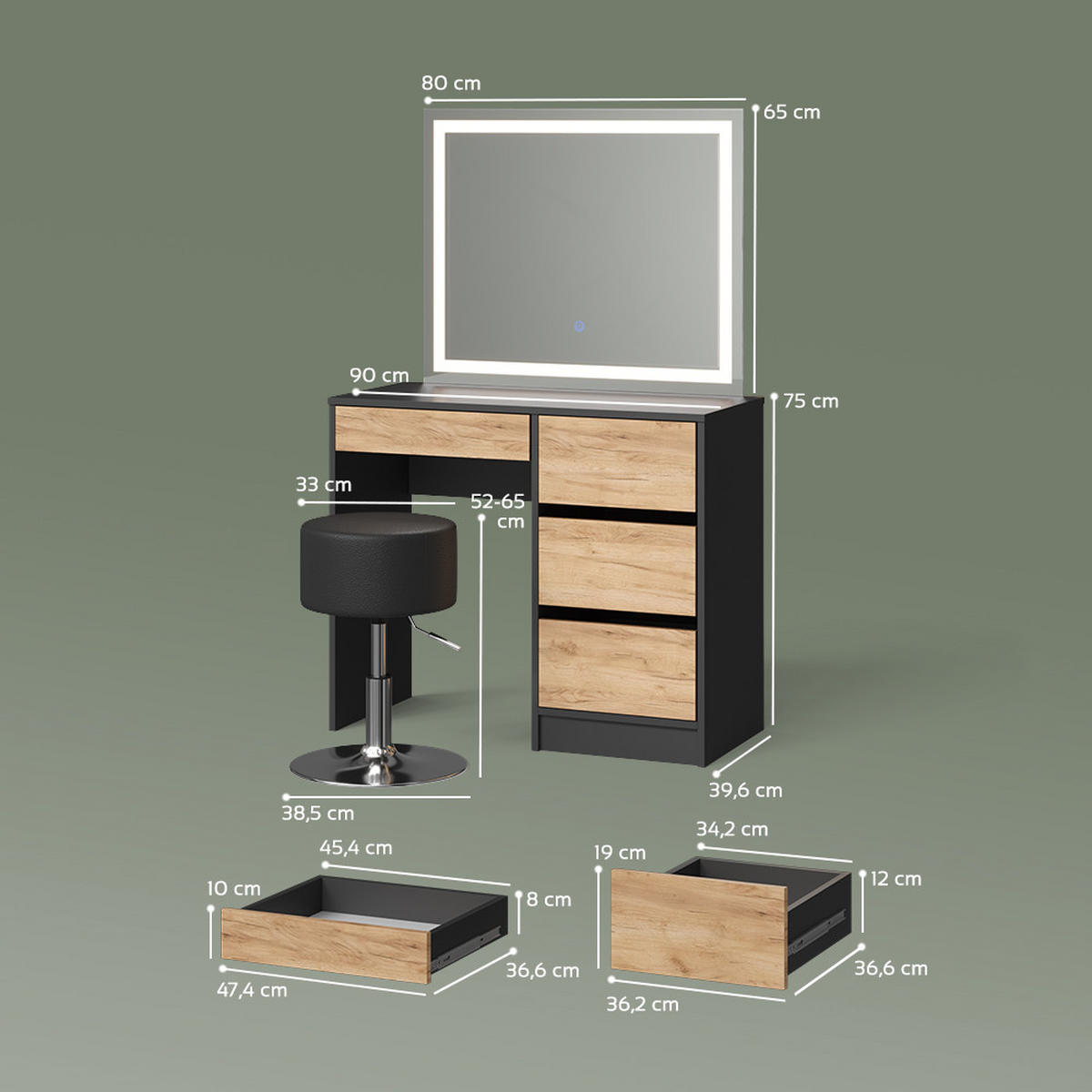SCHMINKTISCH Imola Anthrazit/Goldkraft Eiche mit LED-Spiegel und Hocker - Anthrazit/Eiche Wotan, Holzwerkstoff (120/75/55cm) - Livinity®