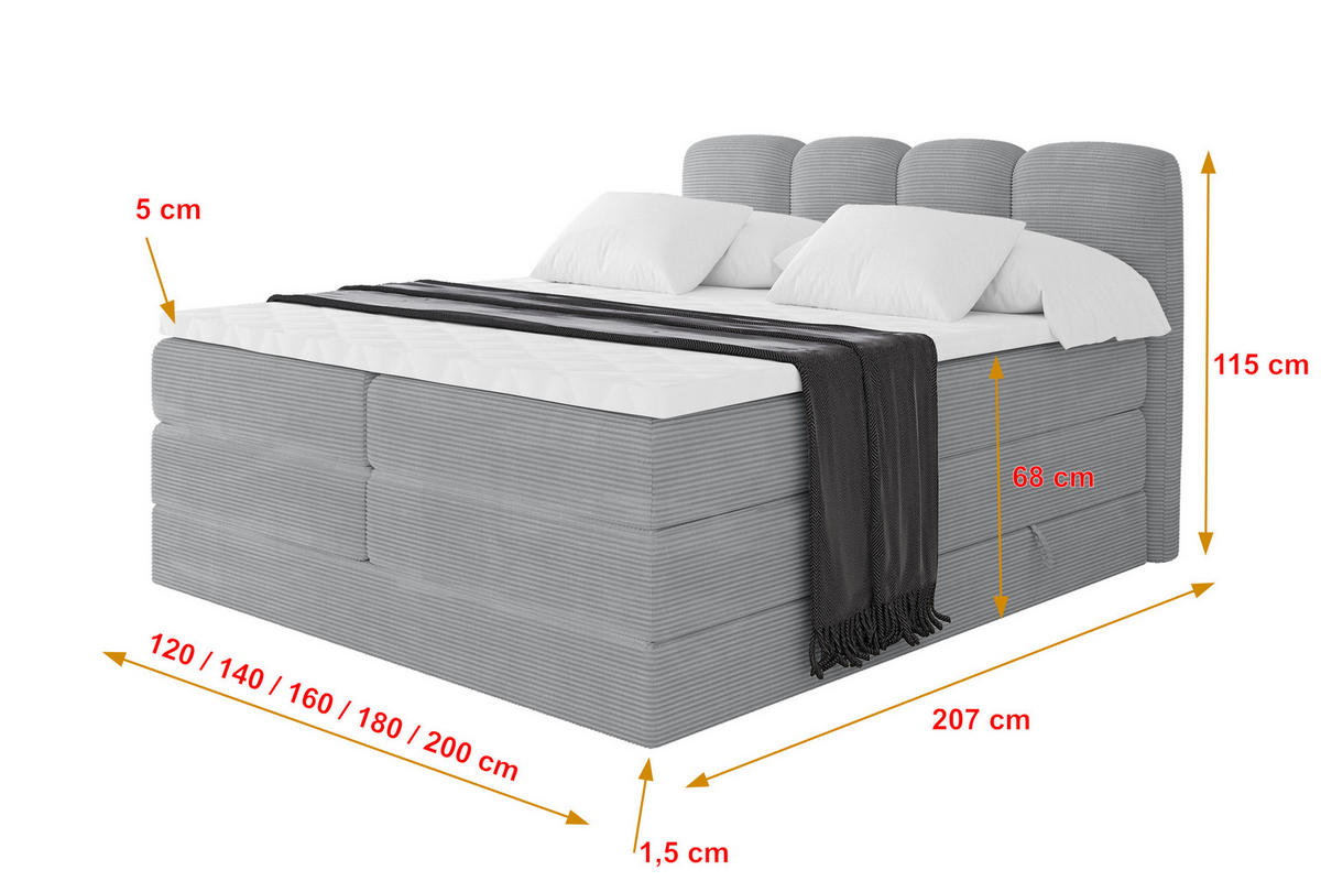 BOXSPRINGBETT mit Matratze H3/H4 - NINA KING - 160x200 cm Grau - Silberfarben, Holzwerkstoff (160/200cm) - ALTDECOR